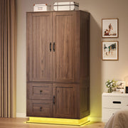 Farmhouse Wardrobe Closet with LED Lights & Hanging Rod