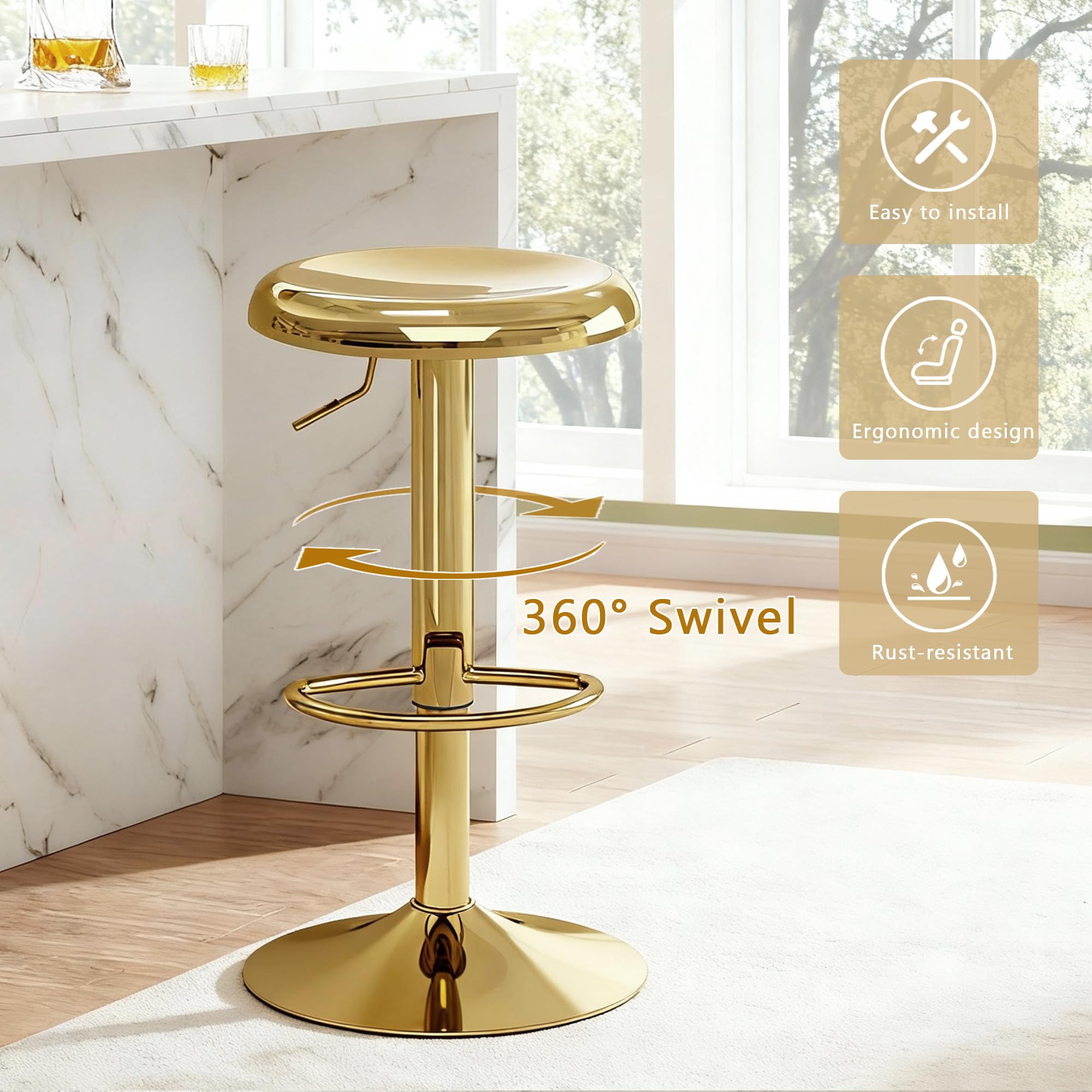 CAROLMADE Bar Stools Set of 2, Adjustable Metal Bar stools Swivel Counter Height Stool, Backless Barstools for Kitchen Island Pub, Gold