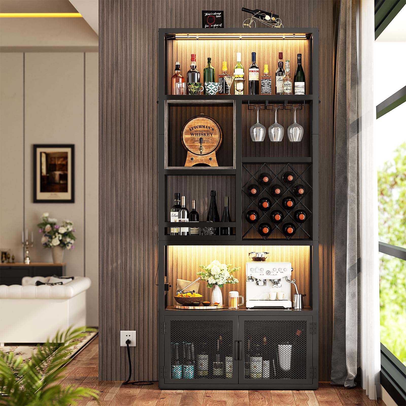 Armocity 82.6" Tall Bar Cabinet with Power Outlets & LED Lights, Liquor Cabinet Bar for Home, Reversible Coffee Station Wine Cabinet with Glass Holder & Wine Rack for Small Space, Grey Oak