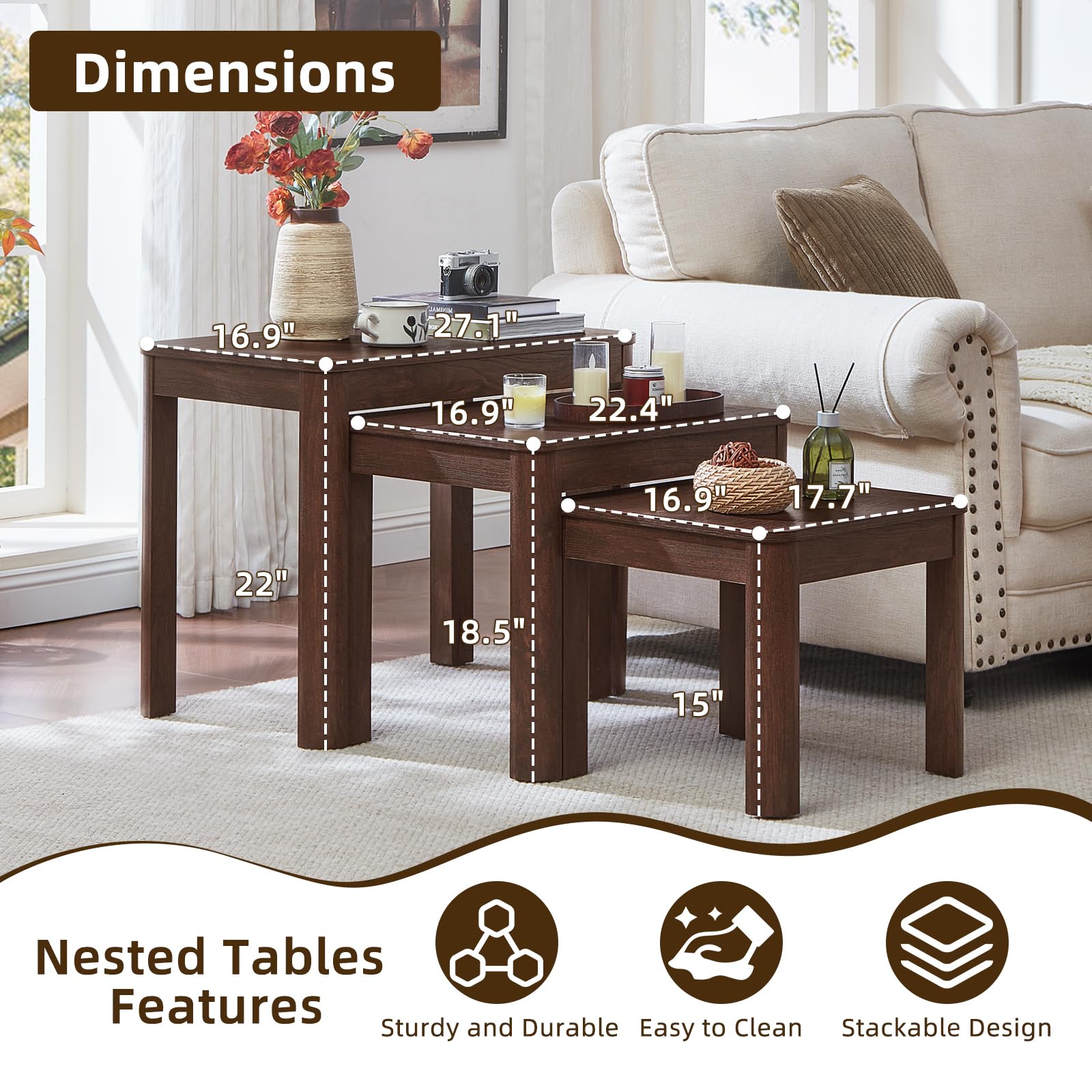 Farmhouse Nesting Coffee Tables Set of 3 – Solid Wood, Rounded Corners
