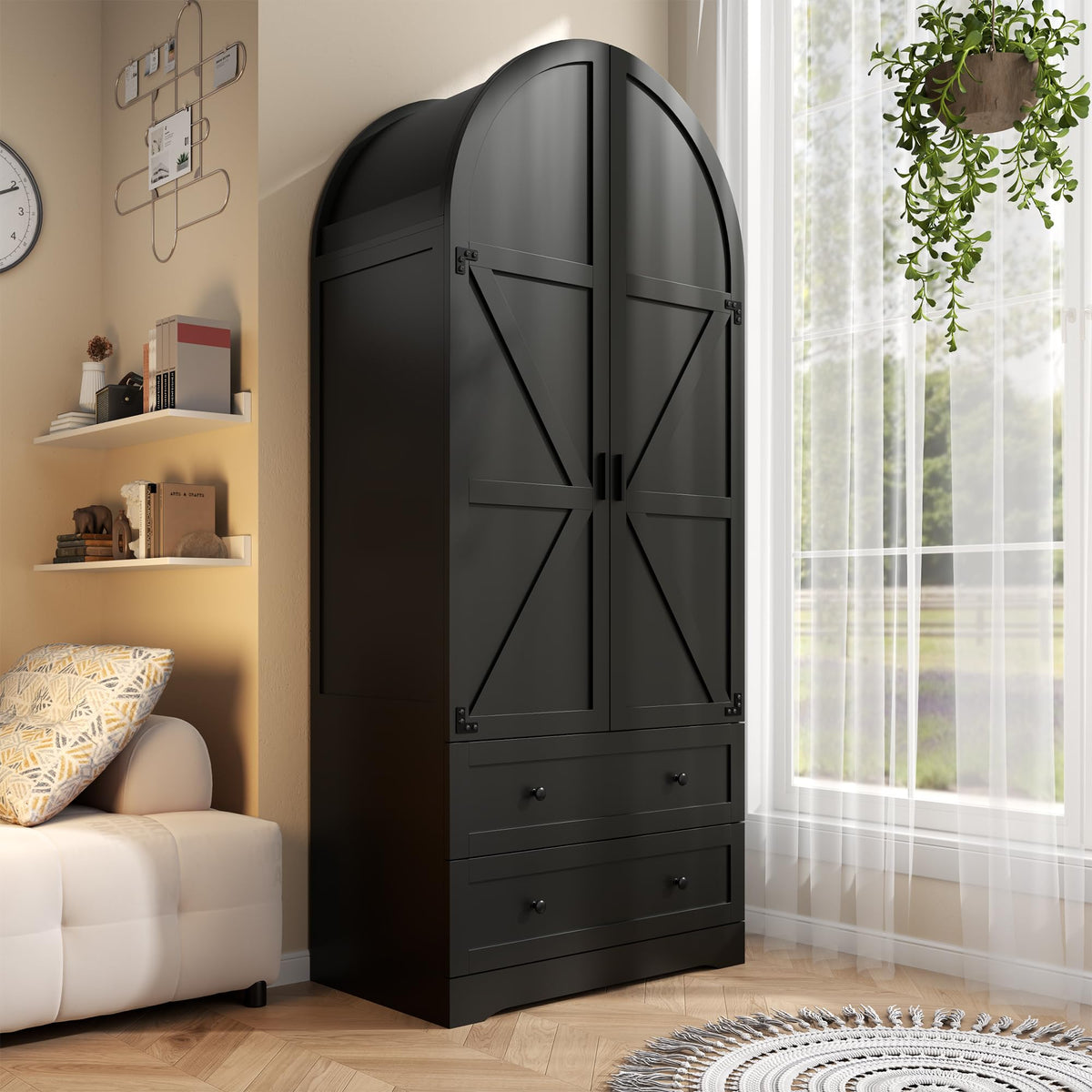 Gyfimoie Black Armoire Wardrobe Closet with 2 Drawers, 75" Wooden Wardrobe with 2 Doors, Freestanding Closet Armoire Cabinet with Hanging Rack, Clothing Storage Cabinet for Bedroom (Black)