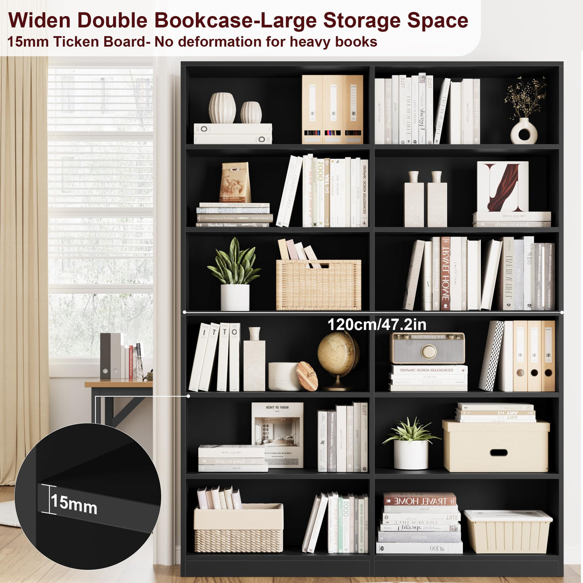 6-Tier Double Wide Black Bookshelf