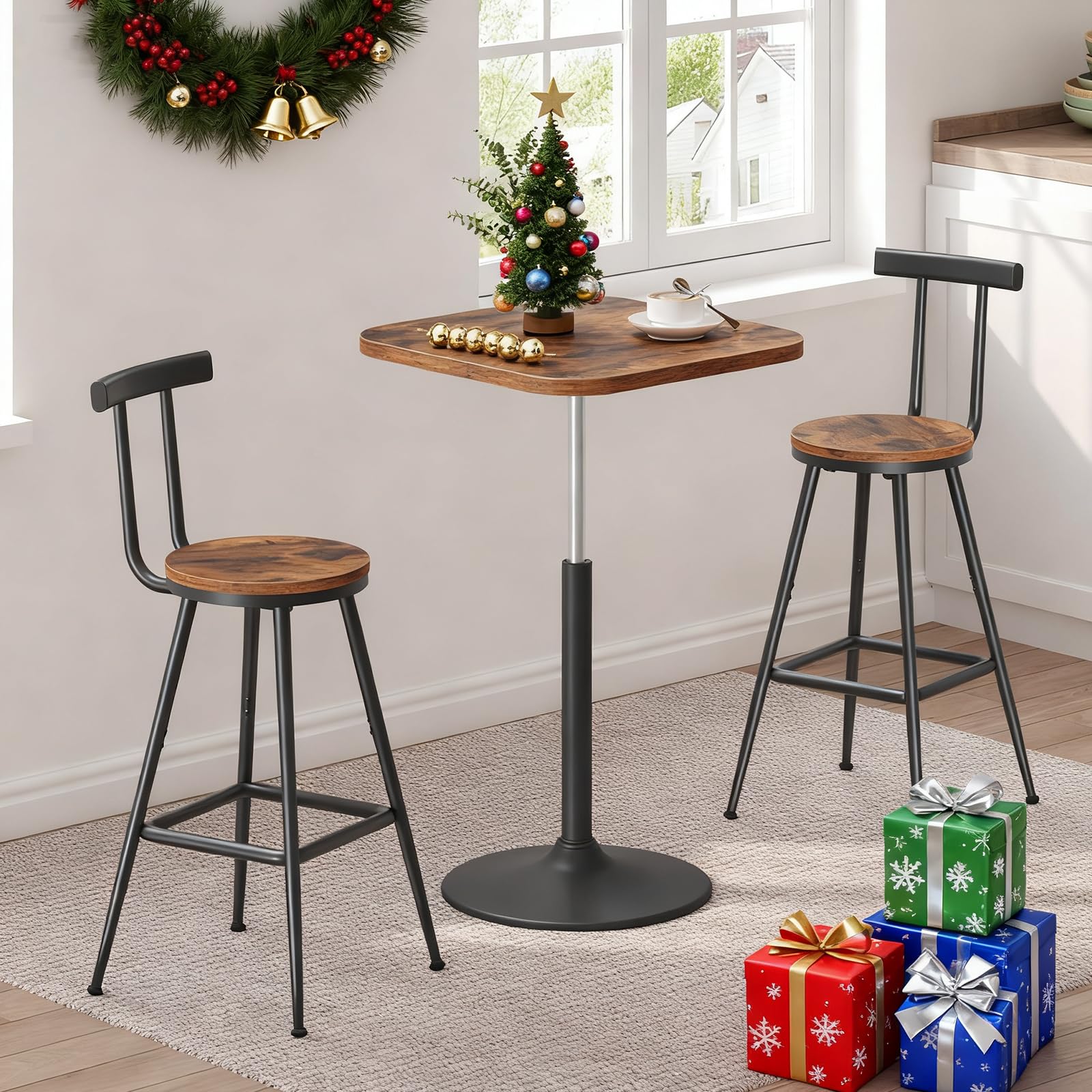 Bar Stools Set of 2 with Backrest & Footrest, 26" Counter Height