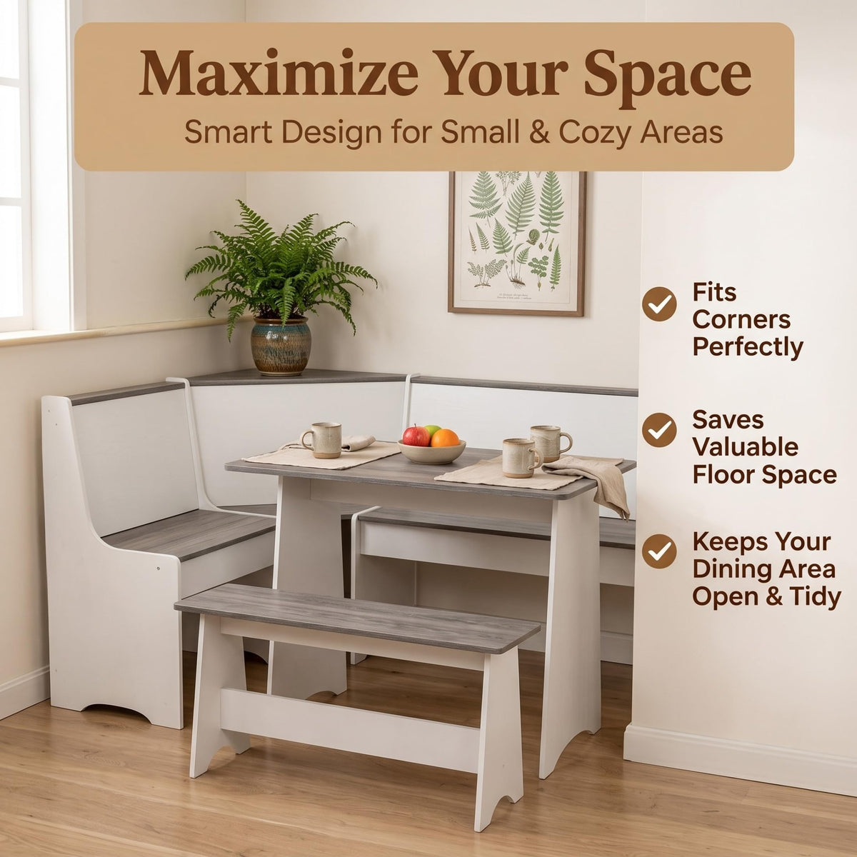 Dekoryn Corner Breakfast Nook Table Set, White and Grey