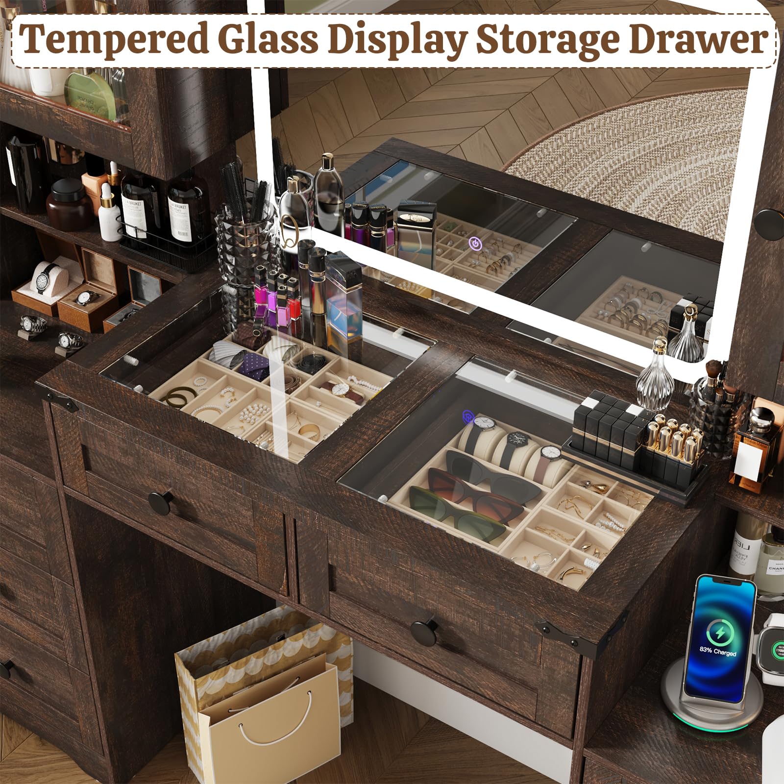 jiteentarou 60" Large Farmhouse Vanity Desk with LED Mirror, Lights and Charging Station, Glass Top Makeup Vanity Table w/8 Drawers, LED Glass Storage Cabinet, Dressing Table for Bedroom, Rustic Brown