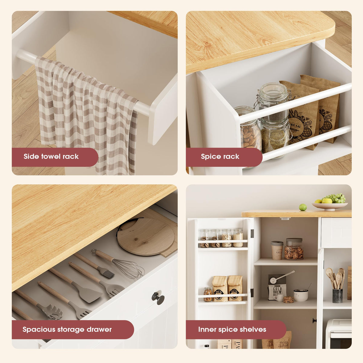 GRUSIGN Kitchen Island with Storage, 41.7" Rolling Cart with Drop Leaf, Portable Island Table on Wheels, Spice Rack, Towel Rack and Drawer, White, 41.7" L x 29.5" W