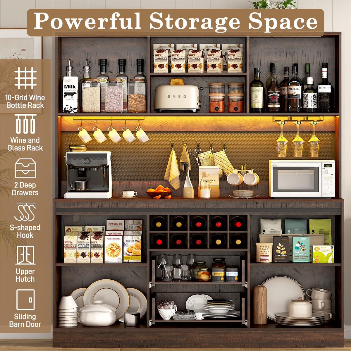 Farmhouse Coffee Bar Cabinet with LED Lights