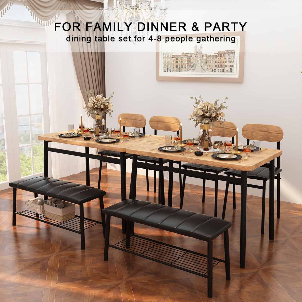 furlinkhm Dining Table Set for 4, Kitchen Table with Bench and Chairs, Industrial Gathering Bench Dining Set with Metal Frame & Storage Rack, Dinette Set for Small Space, Apartment, Restaurant