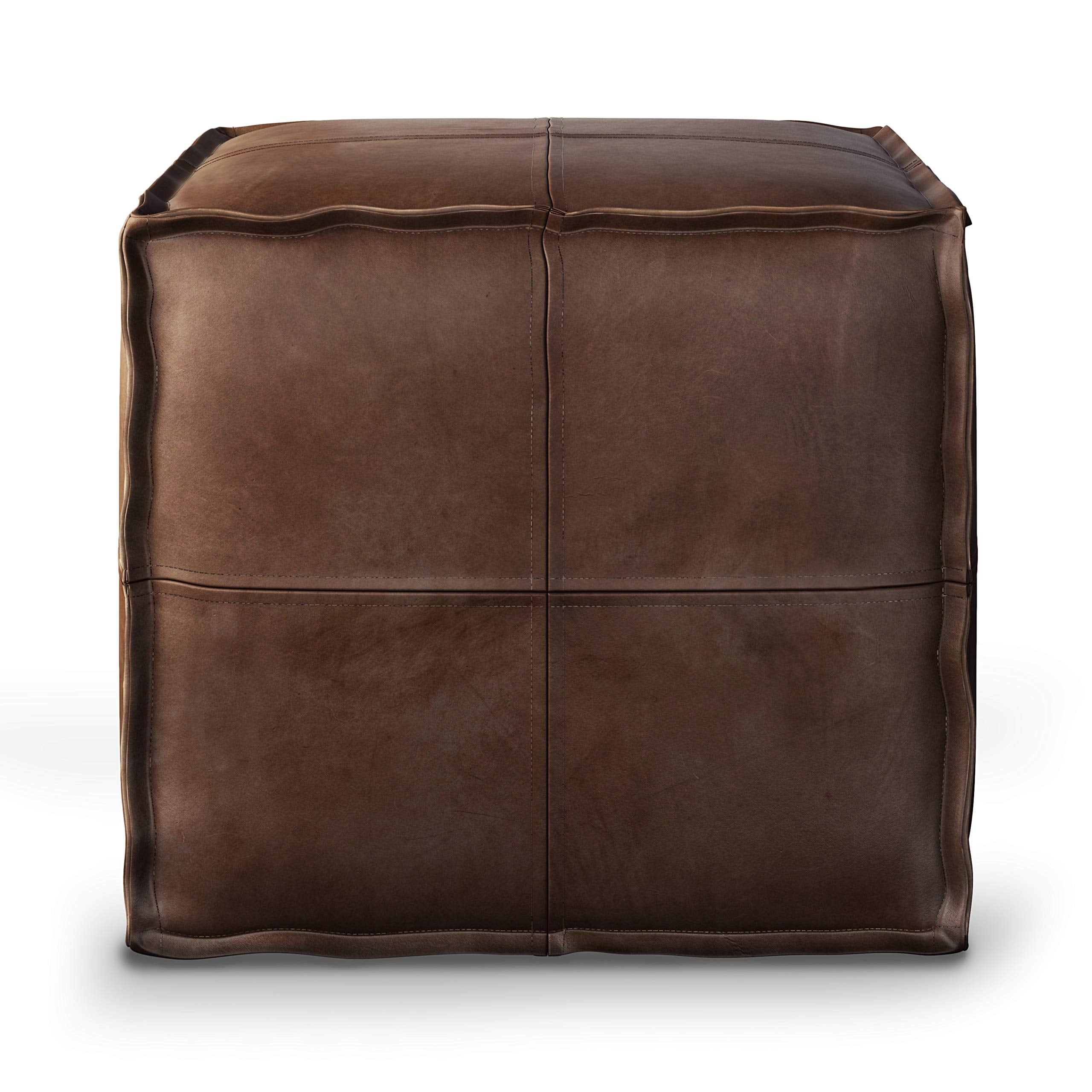 SIMPLIHOME Brody Square Pouf - 18" Wide x 14" High Upholstered Vegan Leather Ottoman in Distressed Dark Brown, Boho Footstool, Coffee Table or Extra Seating for Living Room or Bedroom, Assembled