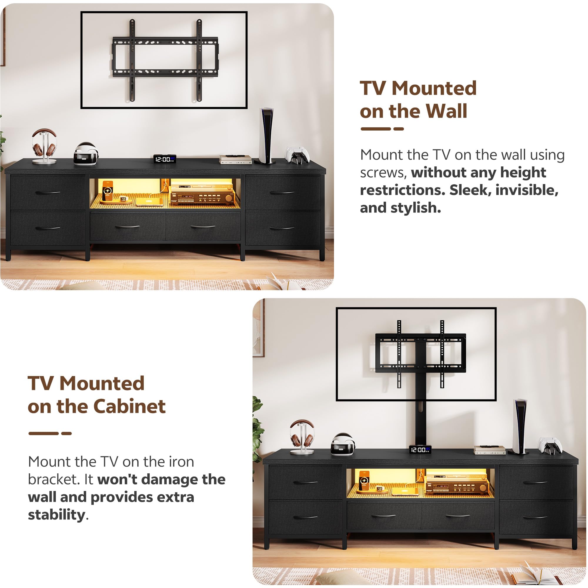 Homiflex TV Stand for 80 Inch TV with Mount, LED Entertainment Center w/Fabric Drawers & Power Outlets, Industrial Media Console for Living Room, Bedroom, Open Storage Shelves - 71'' Black