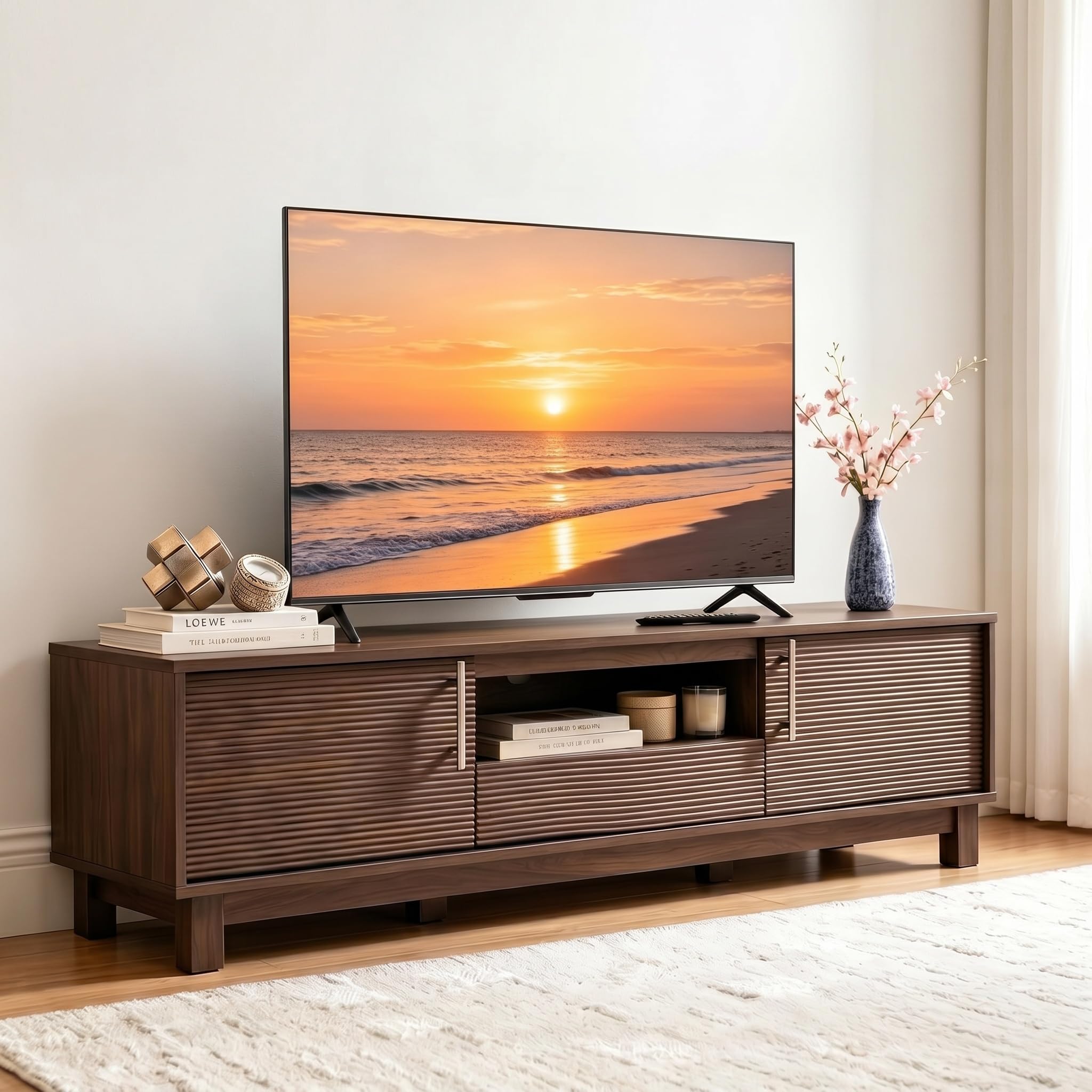 Amada 58" TV Stand for TVs up to 65 Inch, Fluted Entertainment Center with Storage Cabinets and Drawer, Mid Century Modern TV Console for Living Room & Bedroom, Walnut