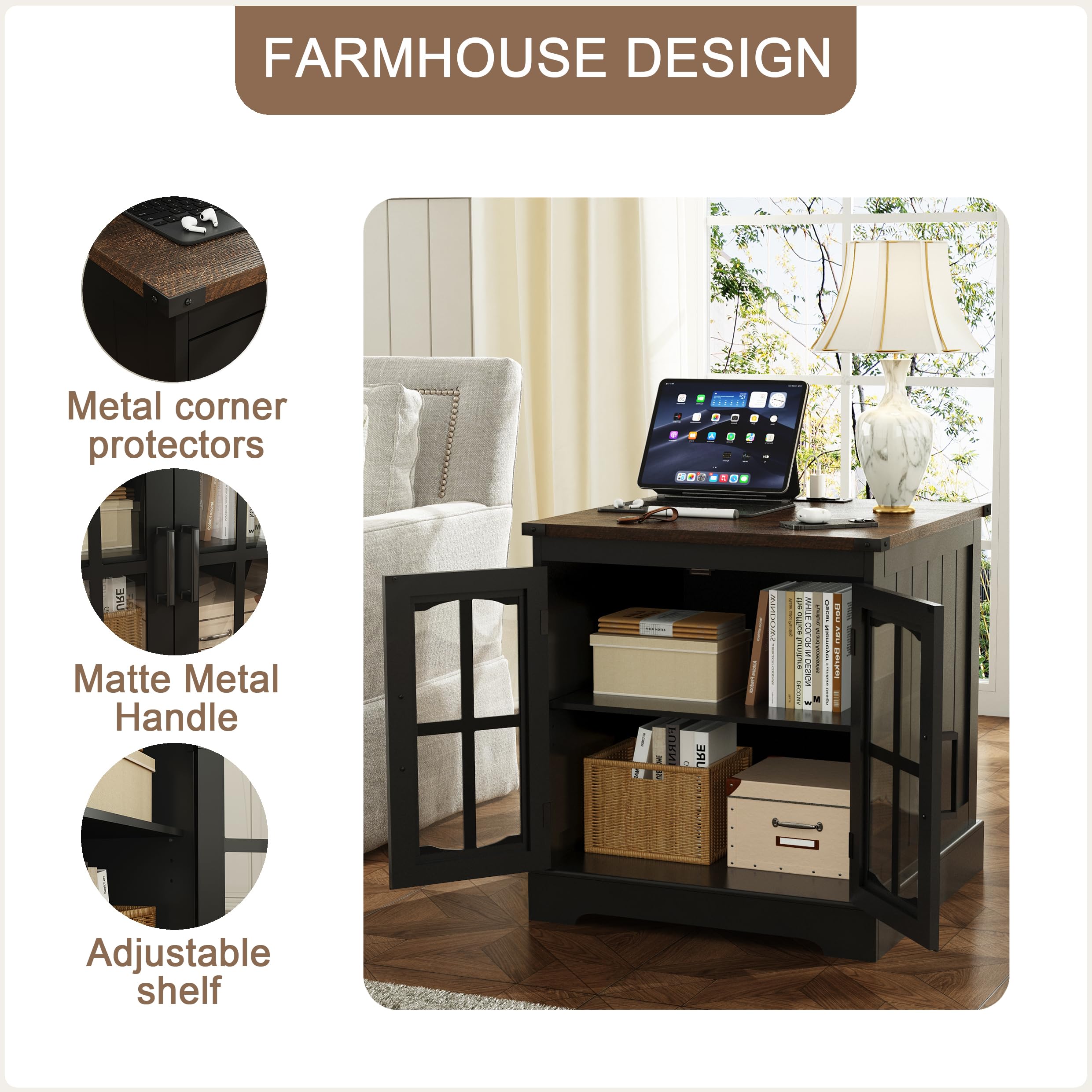 Rustic End Table with Charging Station & LED Light