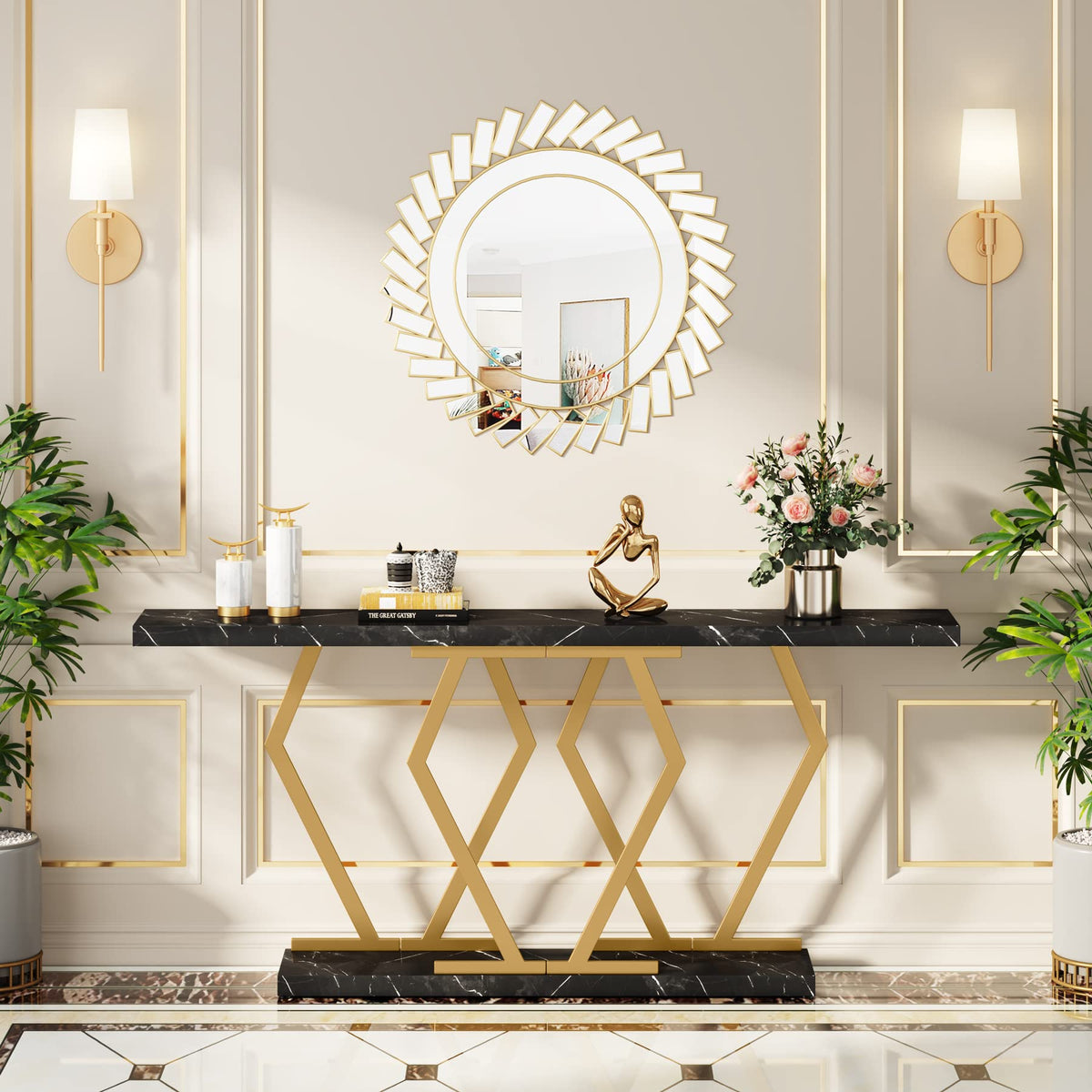 Black and Gold Faux Marble Console Table