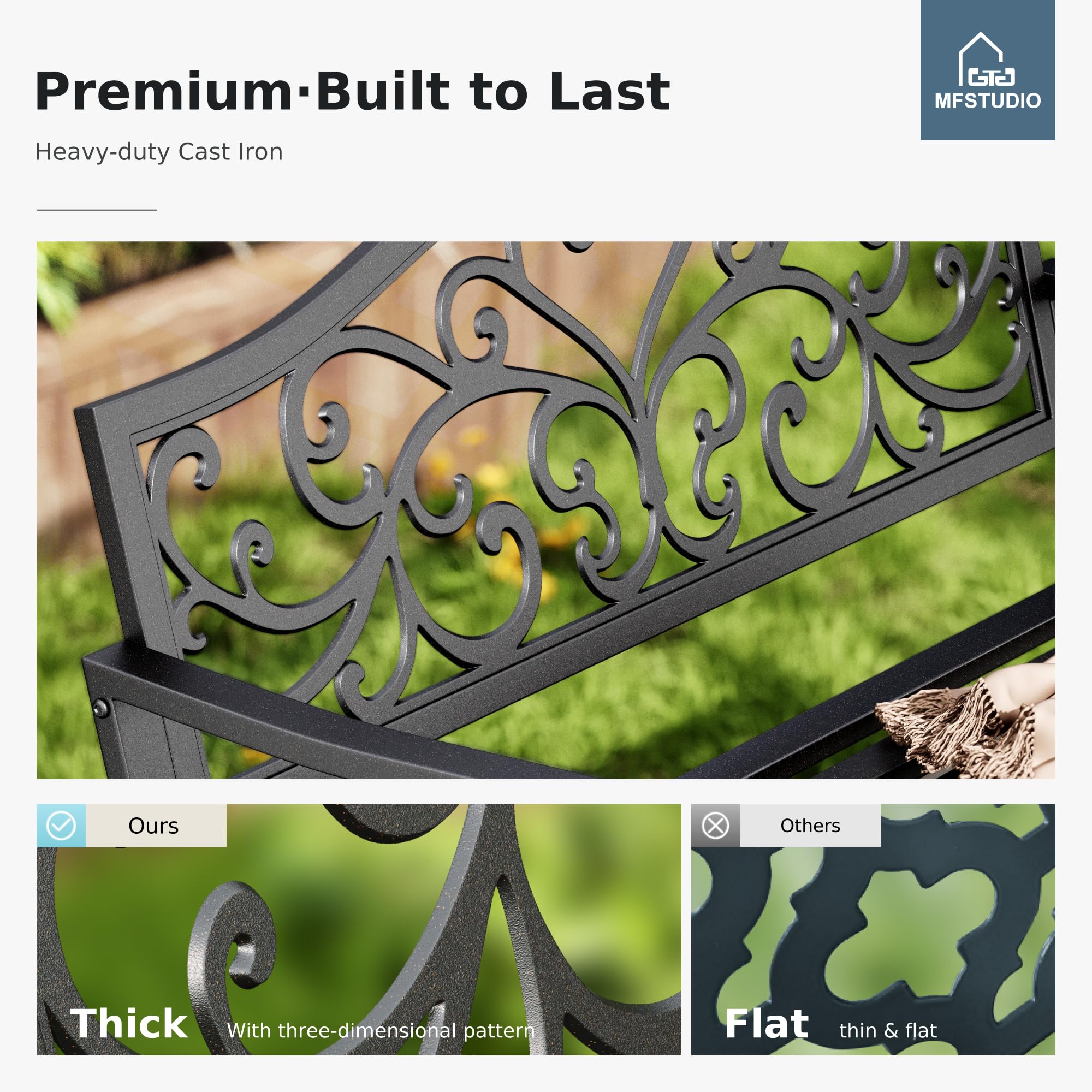 Outdoor Garden Bench with Floral Pattern Backrest