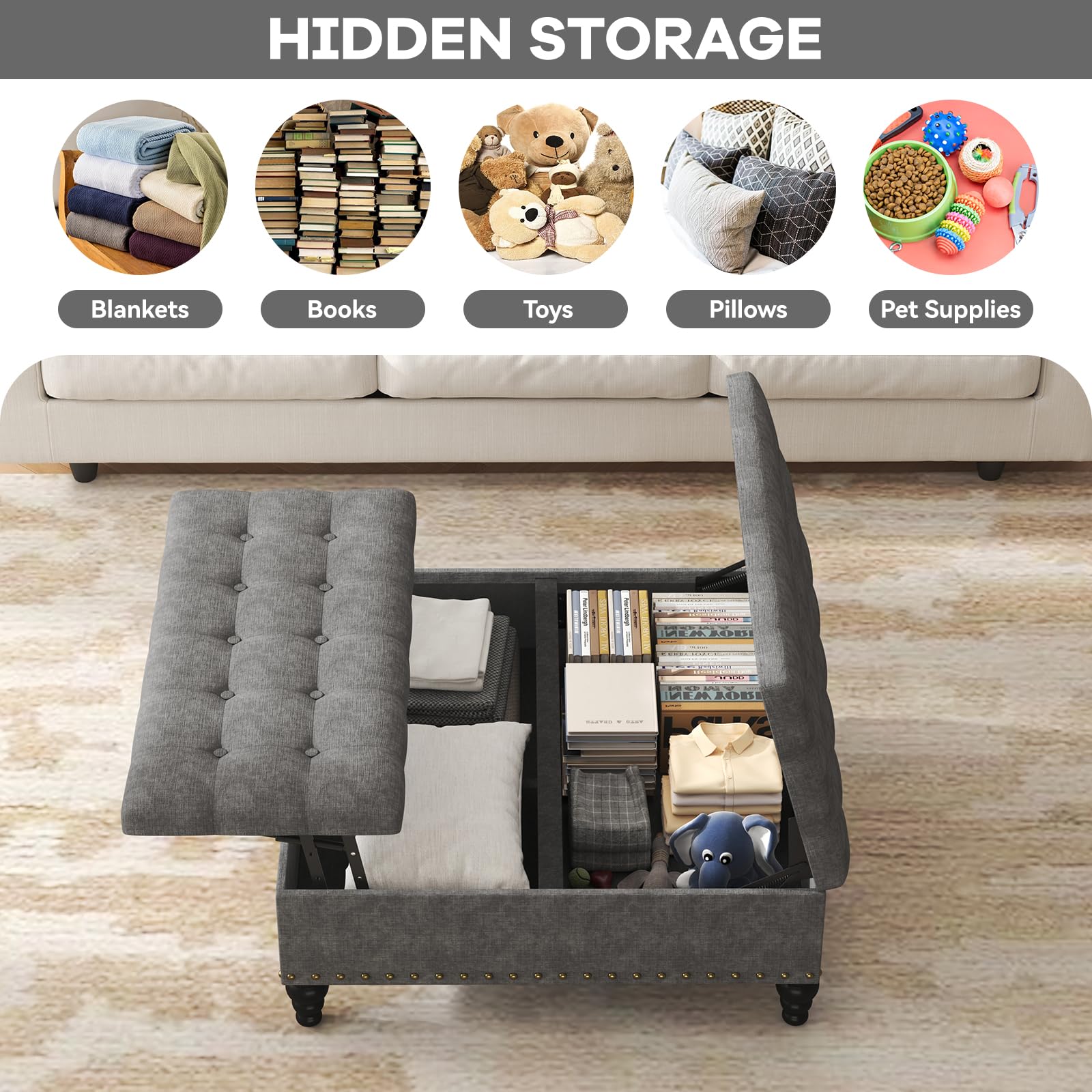 iabifo Large Square Leather Storage Ottoman Bench, Button Tufted Upholstered Coffee Table Ottoman with Solid Wooden Legs (Dark Gray)