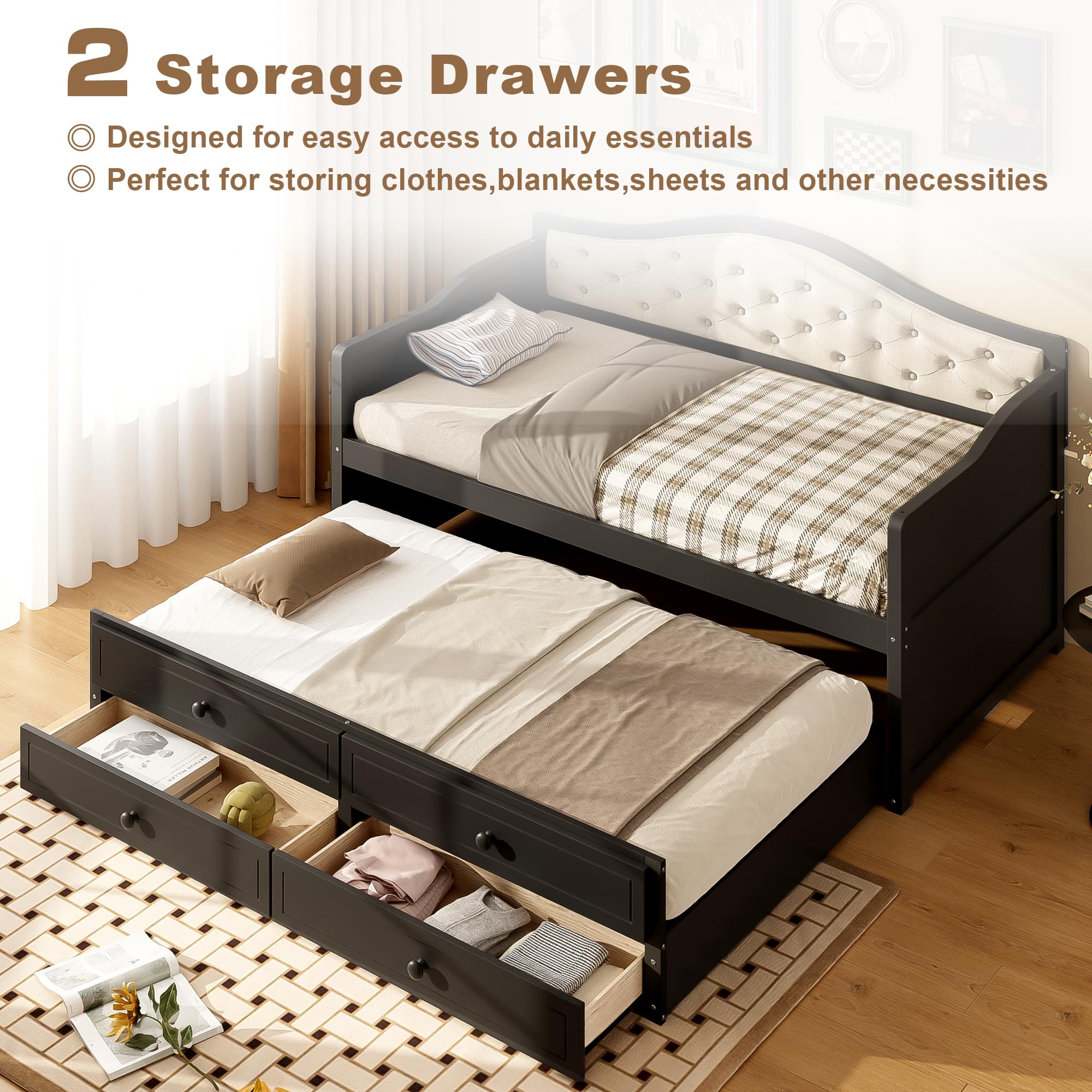 Bellemave Twin Size Daybed Frame with Trundle and Storage Drawers,Day Bed Frame Twin Size,Wood Daybed with Upholstered Button Tufted Backrest for Bedroom,Living Room,Black
