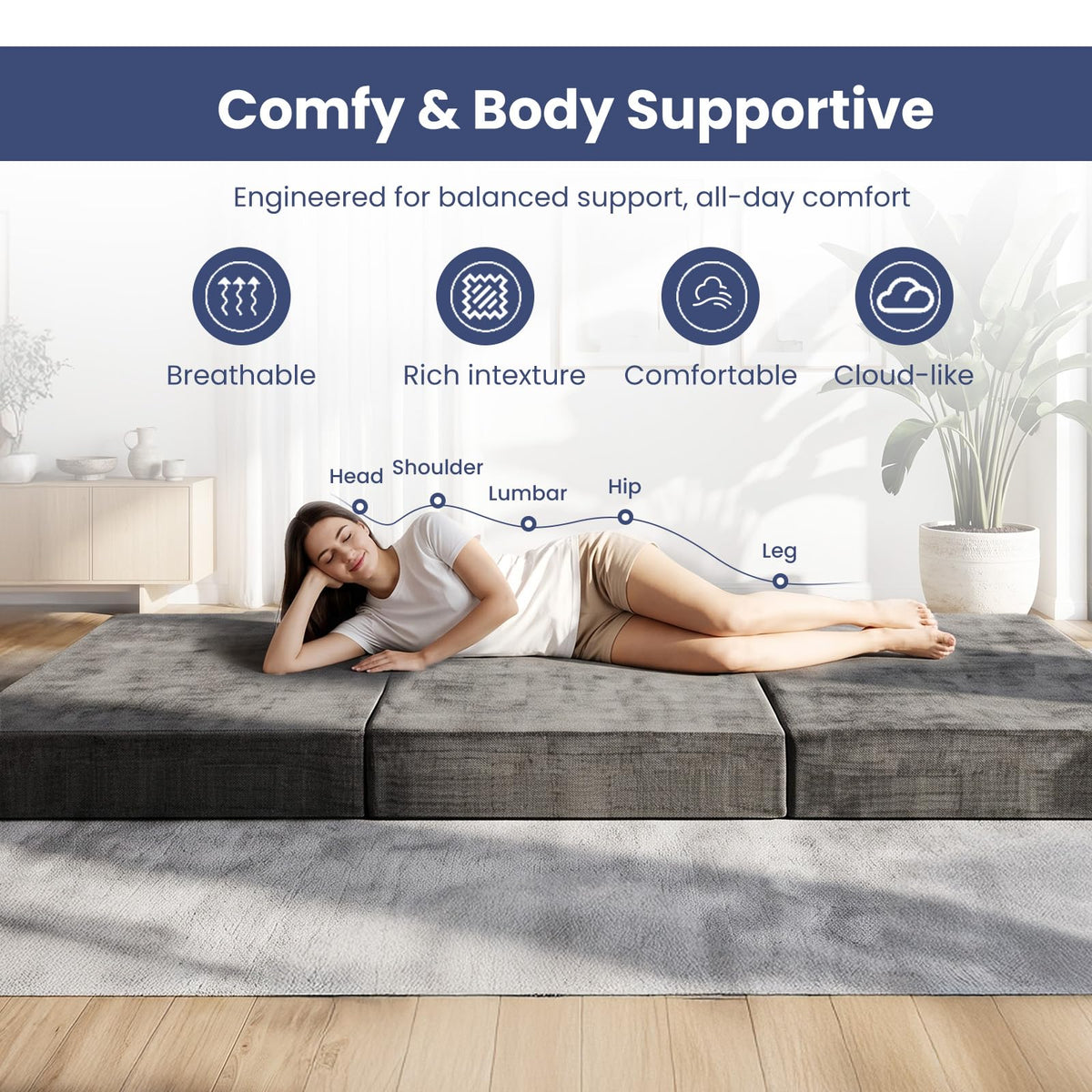 JUIKURY Cool & Breathable Chenille 6 Inch Memory Foam Foldable Futon Sofa Bed with Handles & Non-Slip Bottom, Covertible Sofa Bed for Guest, Camping, Dorm