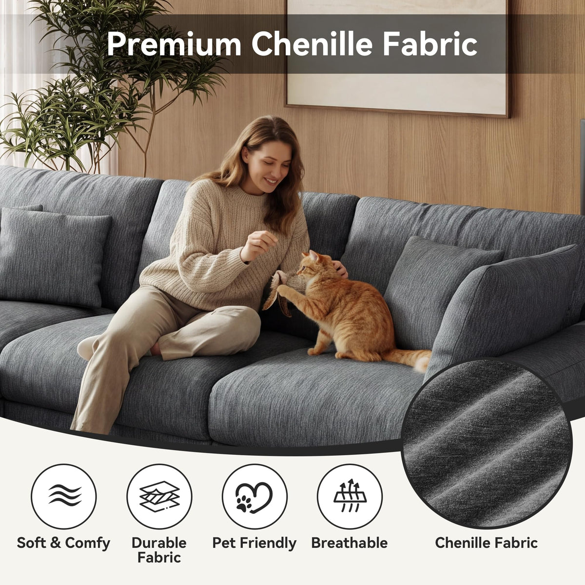 WorthFurni 140” Oversized Cloud Sectional Couches for Living Room, Modern Modular Sectional Sofa with Deep Seat, Convertible U Shape Couch with Storage Ottoman for Apartment, Chenille (Dark Gray)