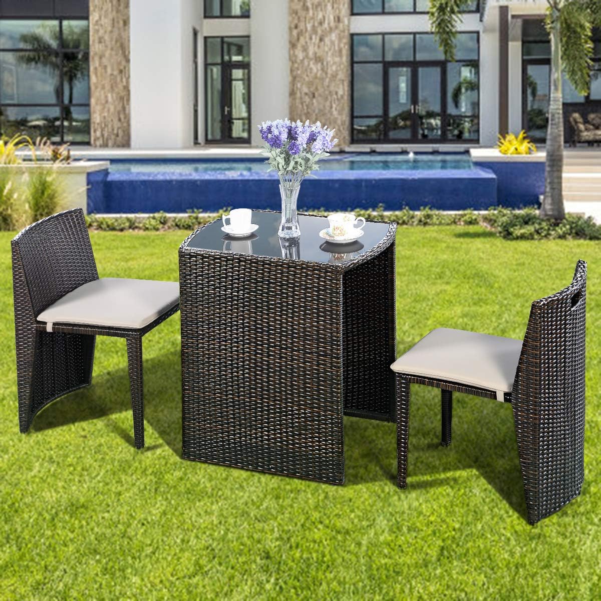 3-Piece Cushioned Wicker Patio Bistro Set