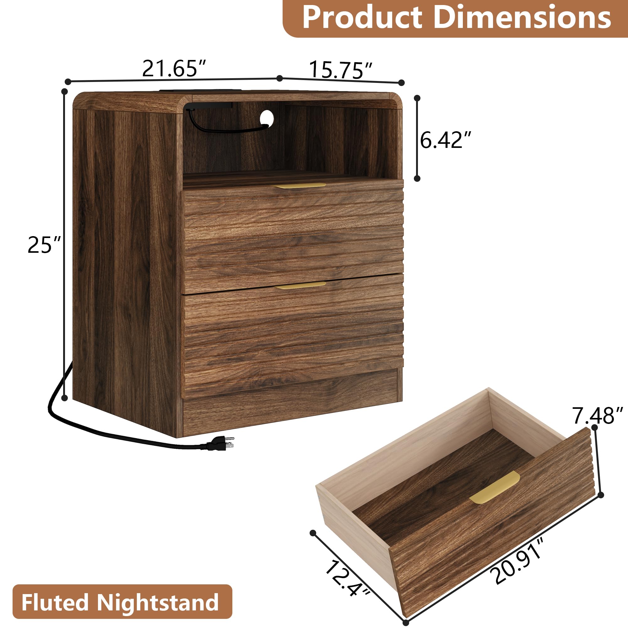 Fluted Nightstand with Charging Station & LED Lights