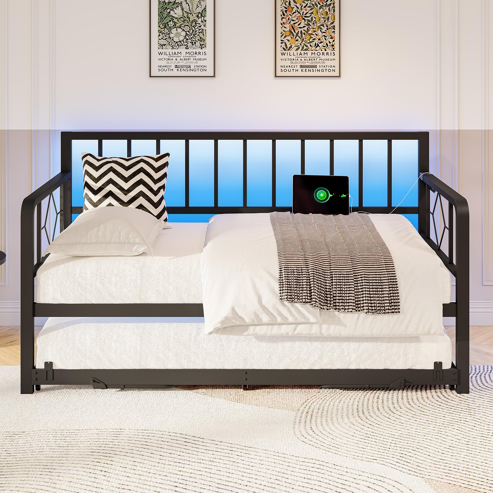Jocisland Twin DayBed with Charging Station and LED Lights, Metal Twin Daybed with Trundle, Versatile Sofa Bed Frame with Steel Slat Support for Living Room, Bedroom, Guest Room, Dark Gray-Black