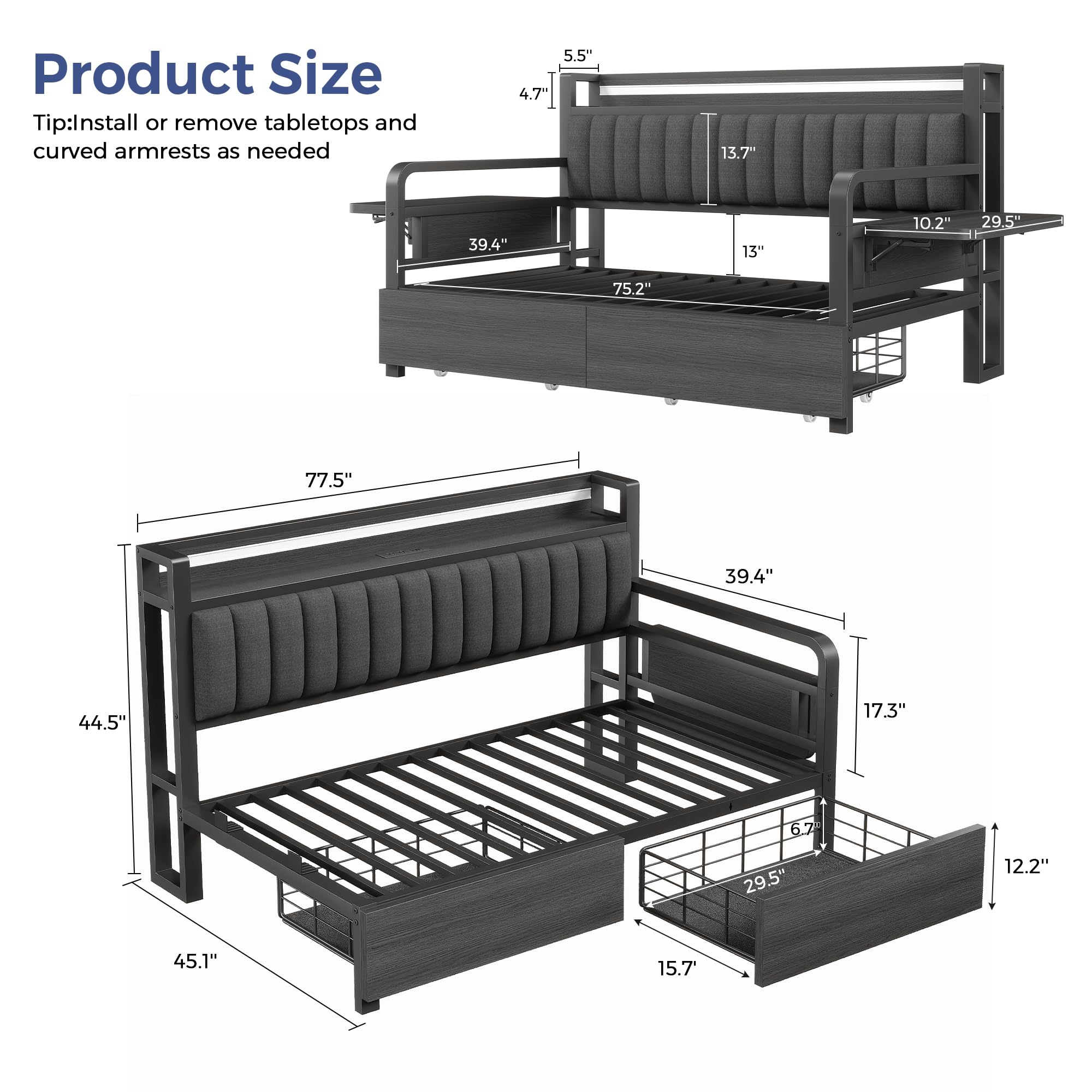 Jocoevol Twin Corner Bed Frame with Storage Drawers and LED Light, Heavy Duty Metal Daybed with Upholstered Storage Headboard & Charging Station, Twin Size Day Bed for Kids Teens Guests, Black