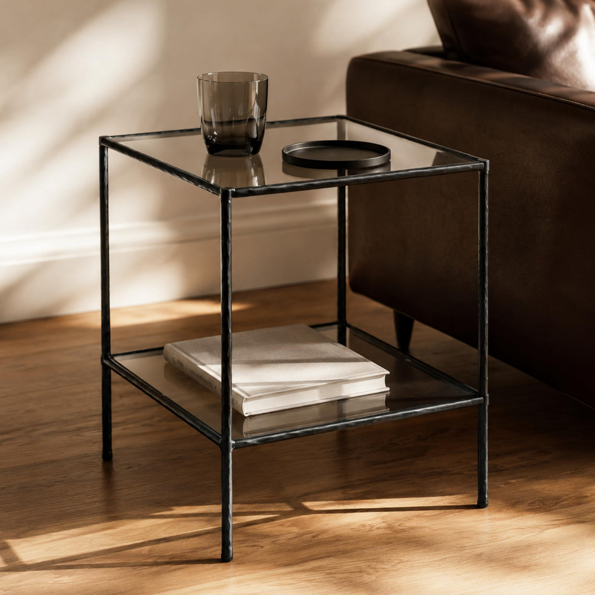 Lynder & Co. Black Glass Side Table, Square End Table for Living Room
