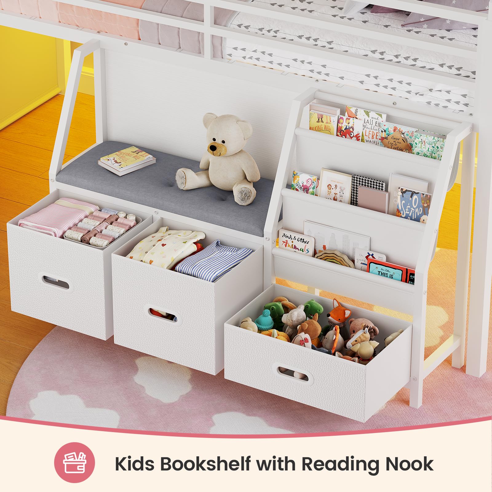 ADORNEVE Low Loft Bed Twin Size with Bookshelf, Reading Nook, LED Kids Loft Bed with 3 Drawers, Under-Bed Play Space, House Loft Beds with Safety Guardrail, Inclined Ladde & Play Curtain, White