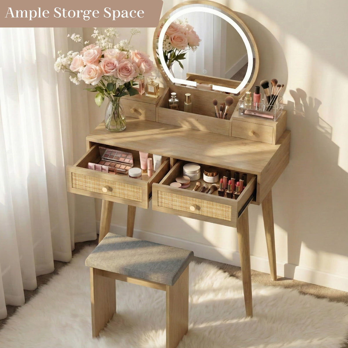 Rattan Vanity with LED Mirror