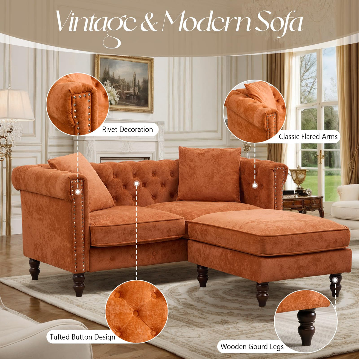 Chesterfield Velvet Loveseat with Ottoman