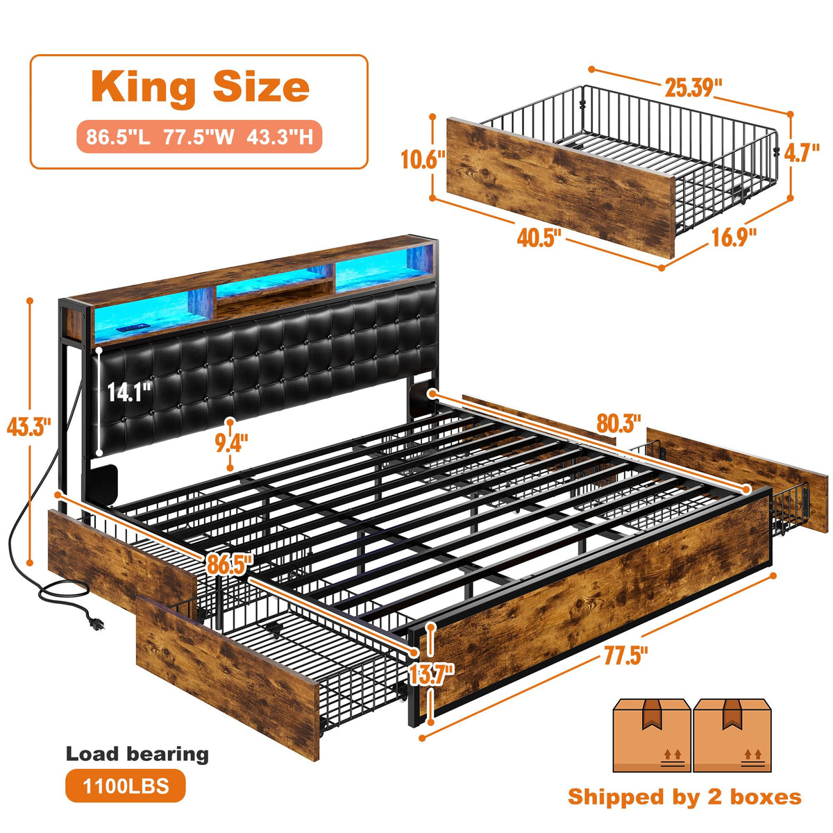 EnHomee King Bed Frame with 4 Drawers, Charge Station & LED Lights