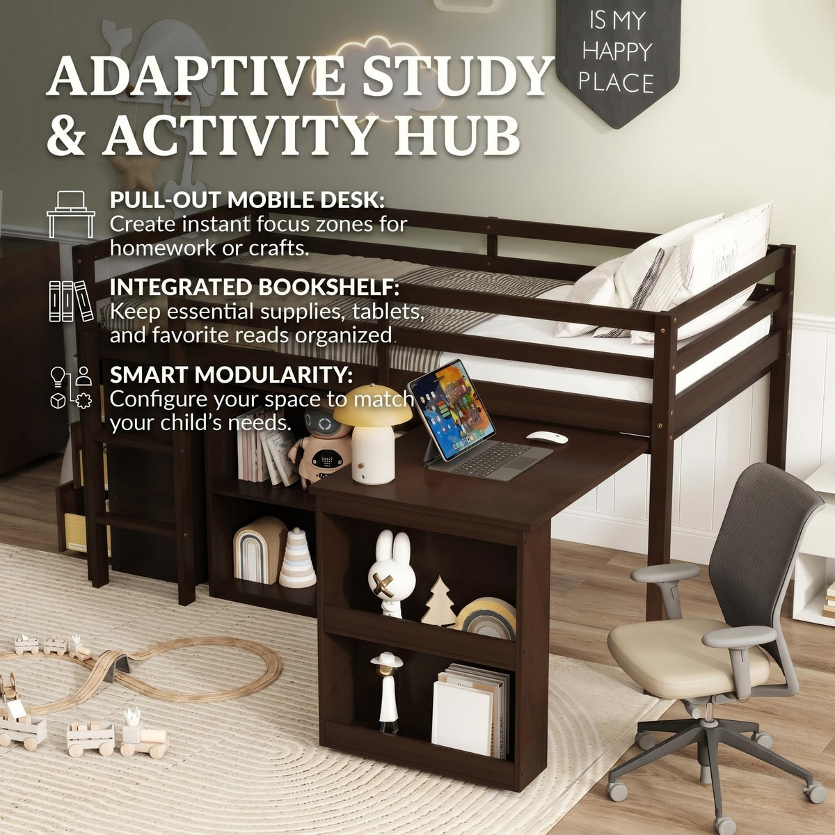 PVWIIK Twin Size Low Loft Bed with Desk,Storage Drawer for Kids,Espresso