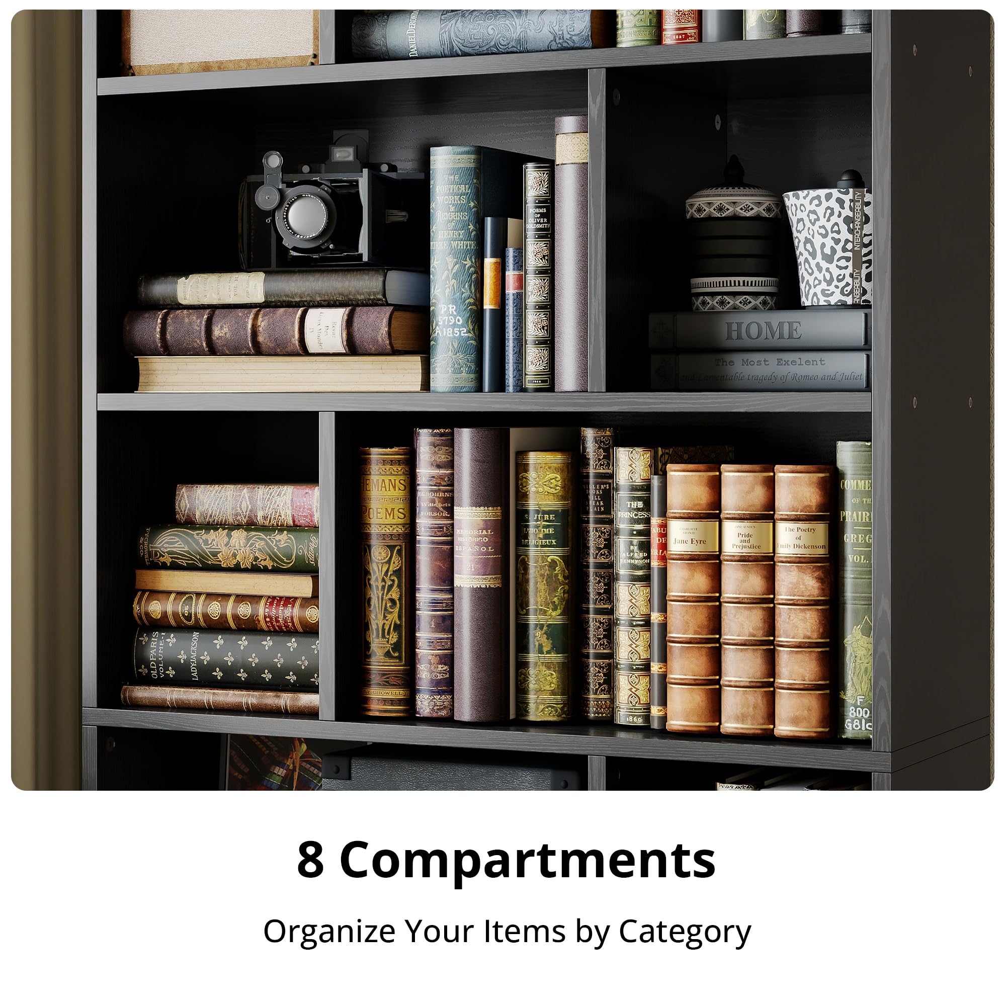 IRONCK Book Shelf, Tall Bookshelf with Storage, Bookshelves and Bookcases with Doors, 4-Tier Bookcase with 8 Open Cubes for Living Room, Office, Study, Black