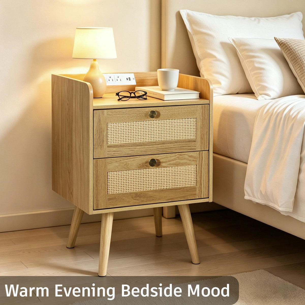 Rattan Nightstands with Charging Station, Set of 2
