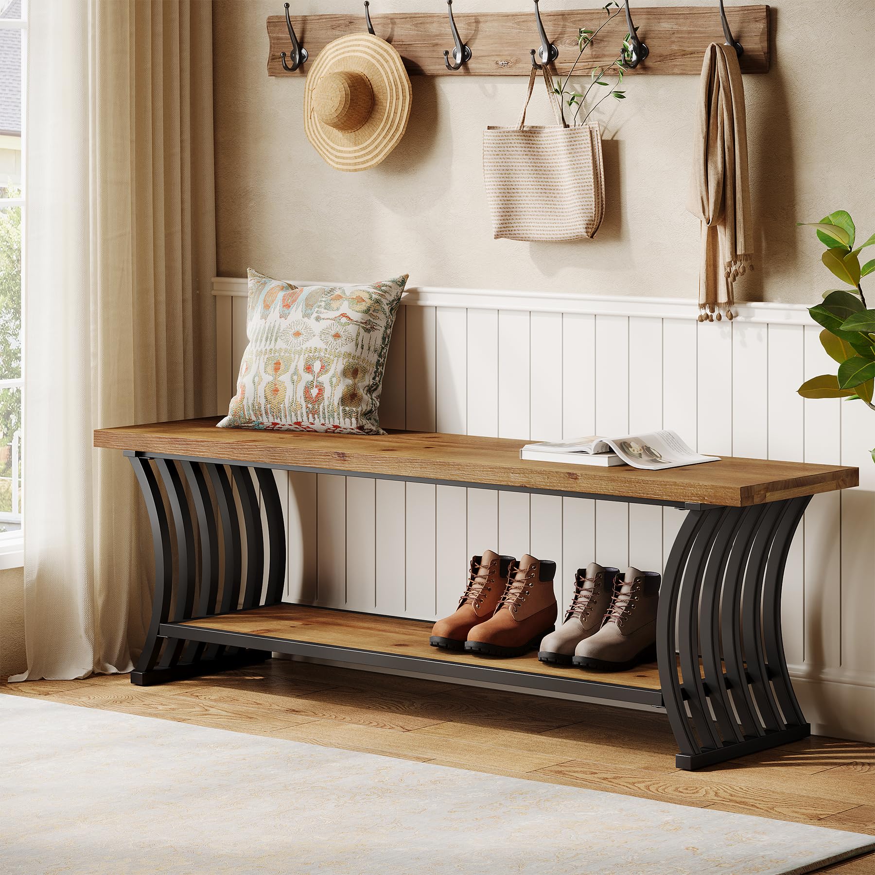 Industrial Entryway Bench with Shelf