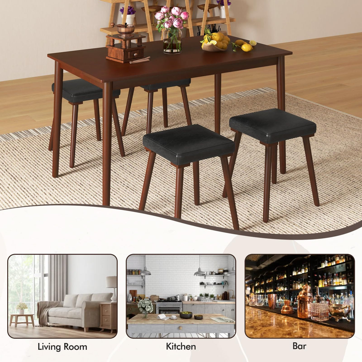 GIANTEX 5-Piece Dining Table Set for 4 - Dining Table with 4 Upholstered Stools, Rubber Wood Legs, Space-Saving Dinette Table Set, Breakfast Nook Table Set for Living Room, Kitchen Table Chairs Set