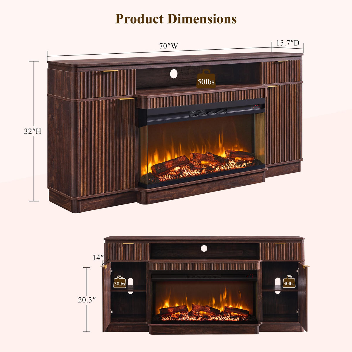 OKD 70'' Fireplace TV Stand with Storage, Fluted Media Console, Dark Walnut