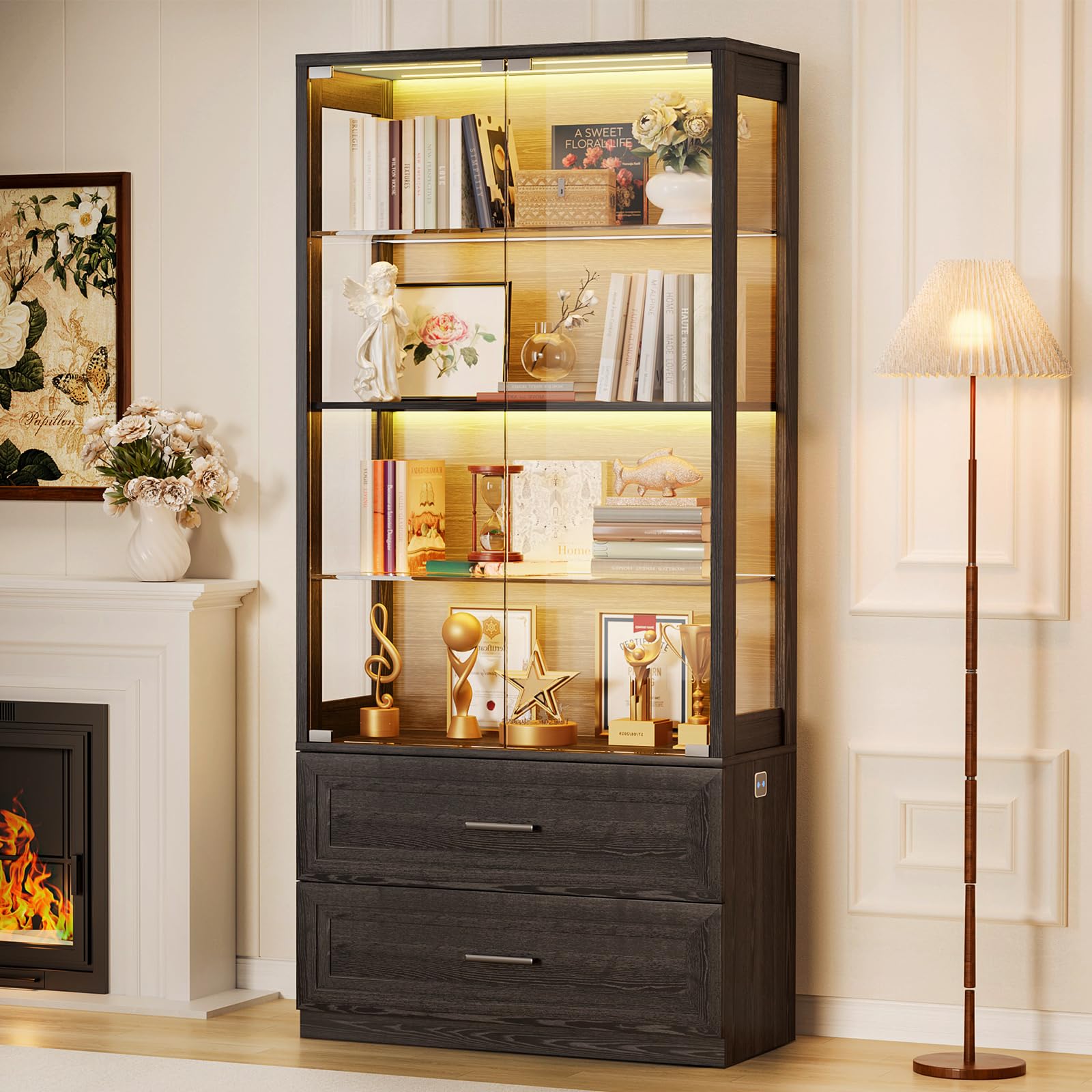 67" Glass Door Display Cabinet with LED Lights & Drawers