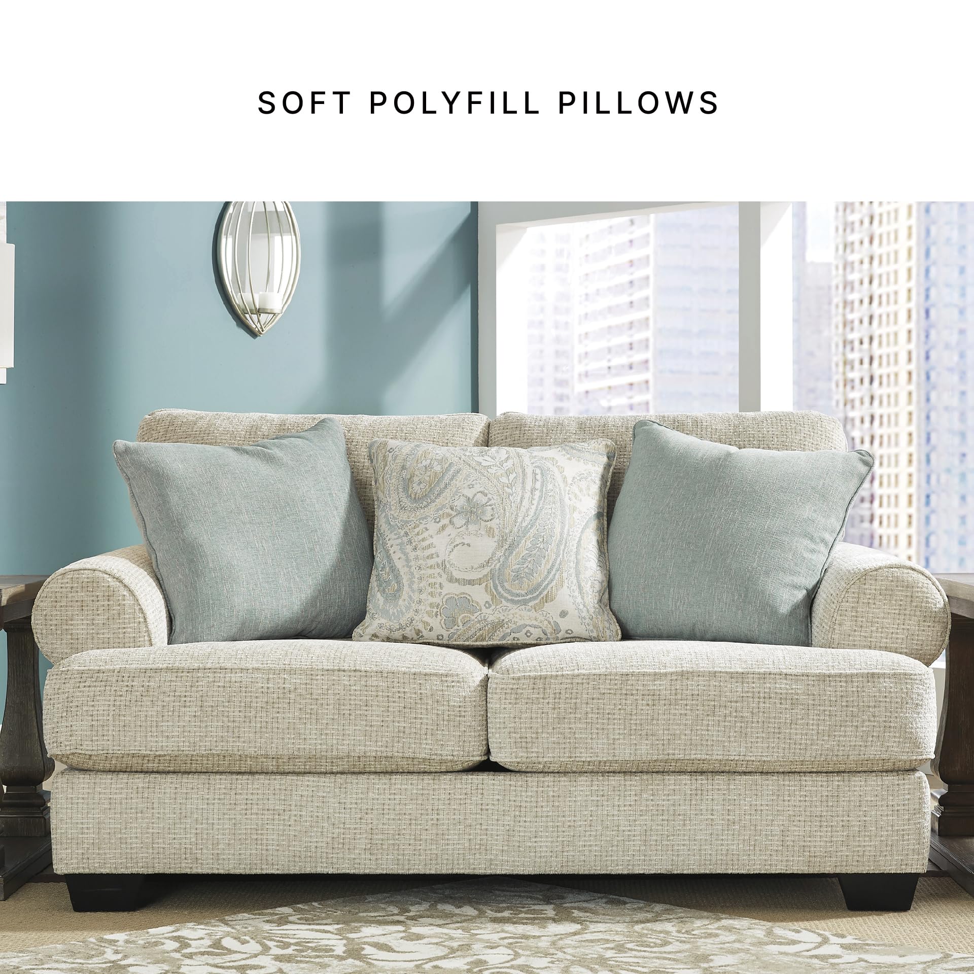 Chenille Loveseat with Rolled Arms, Reversible Cushions & Accent Pillows