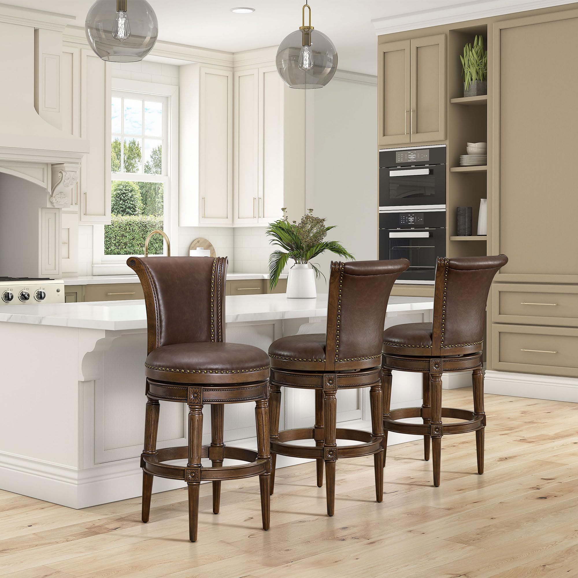 ROME + OAK Set of 4 Runyan 31" Swivel Bar Stool, High Back Barstool in Dark Walnut Finish with Vintage Brown Vegan Leather Seat