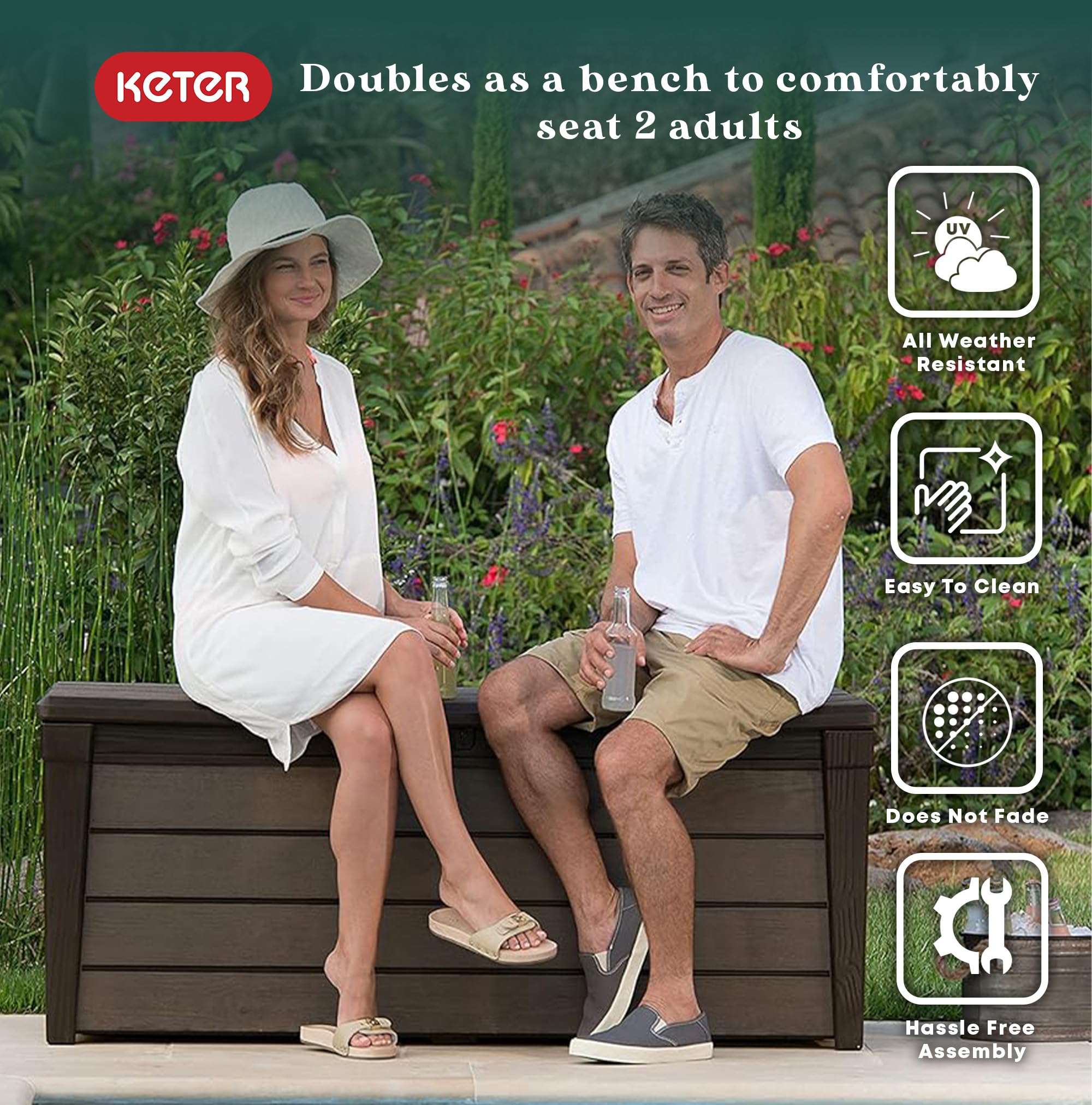 Keter Outdoor Storage Deck Box, for Patio, Backyard & Garden, Brushwood, 120 Gal, Brown - Lockable, Organizing, and Waterproof Plastic Container Bench
