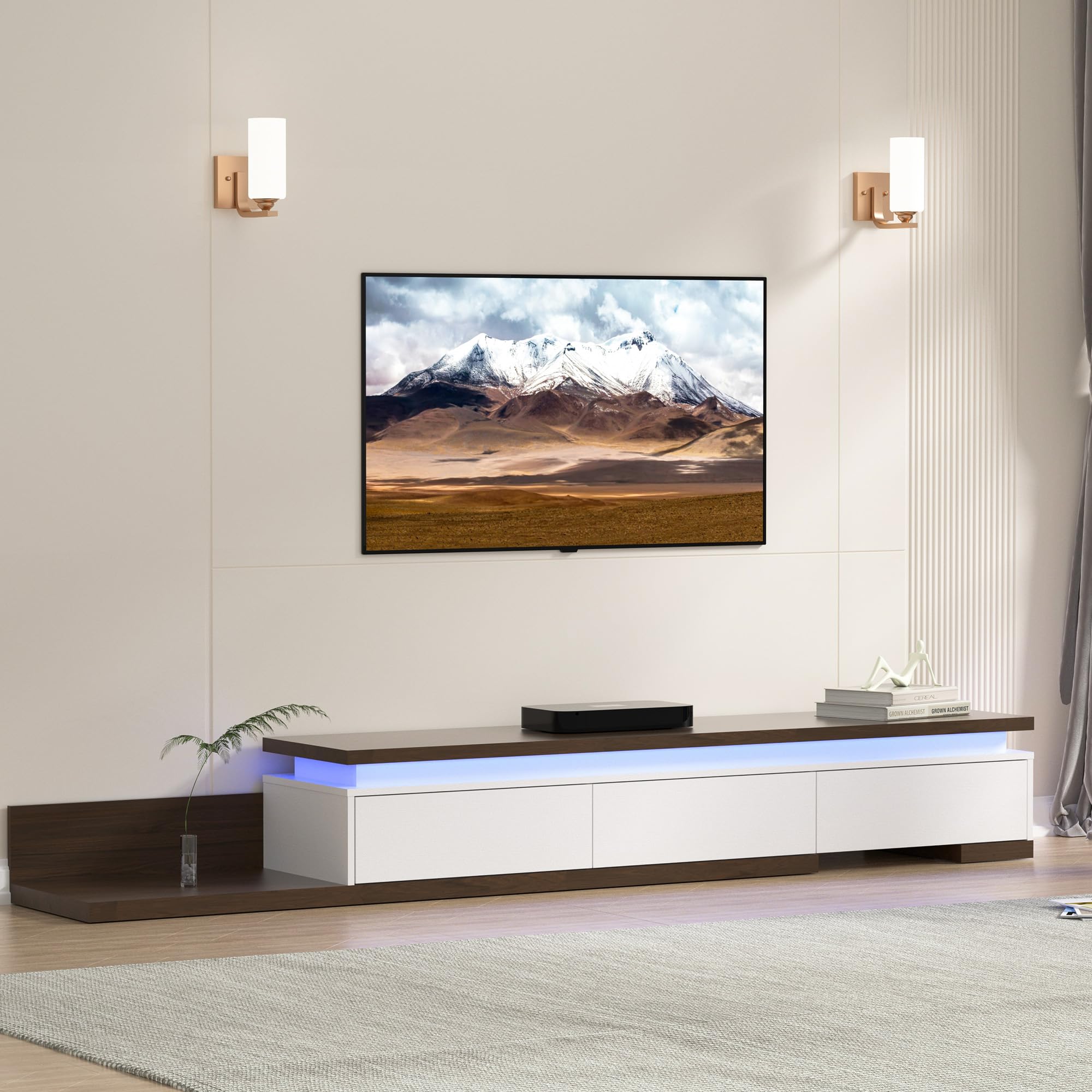 Betterhood Extendable TV Stand with LED Lights (80” - 106”), Wood Entertainment Center for Up to 120" TV, Modern Reversible TV Console with Three Drawers, Living Room, Bedroom (White)