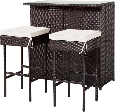 3-Piece Rattan Patio Bar Set with Cushioned Stools