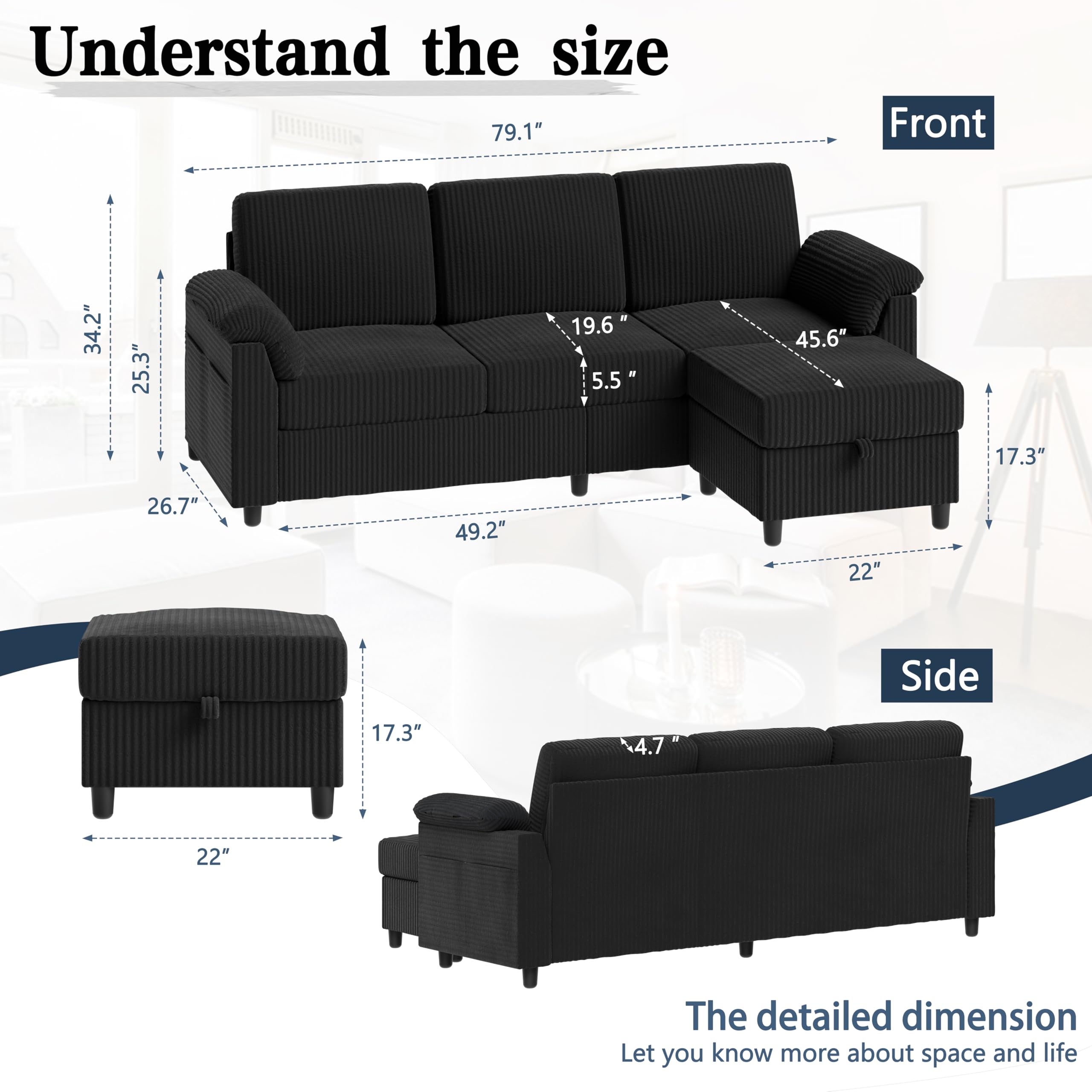 L-Shaped Sectional Sofa with Ottoman & Storage