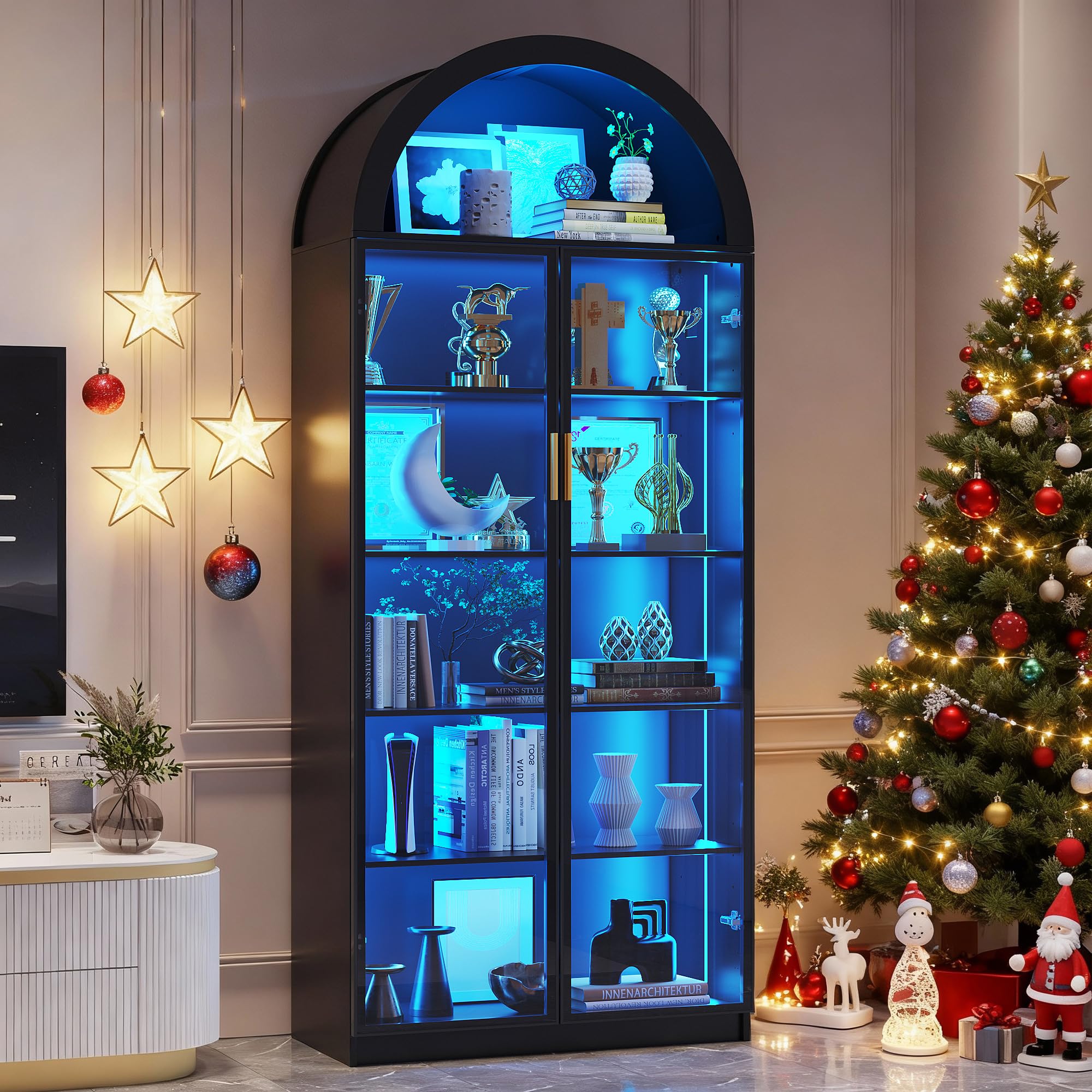 Arched Display Cabinet with LED Lights, 6-Tier Curio Cabinet with Adjustable Shelves