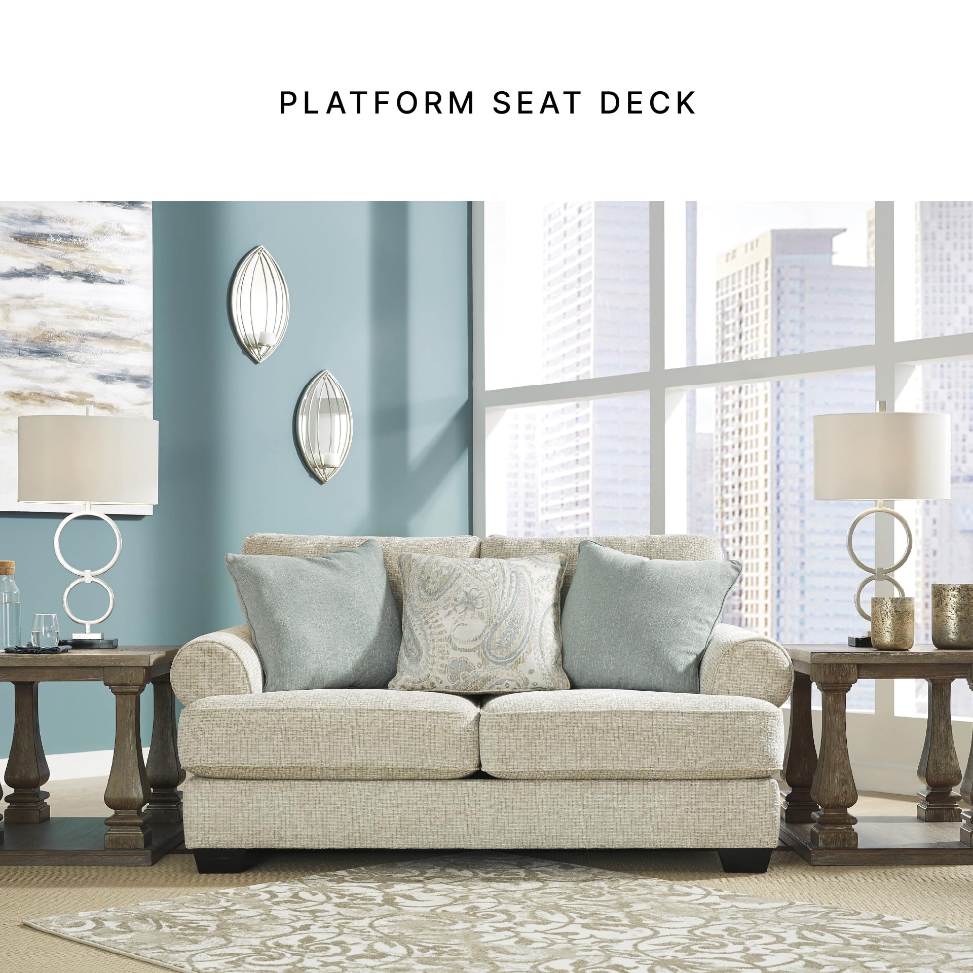 Chenille Loveseat with Rolled Arms, Reversible Cushions & Accent Pillows