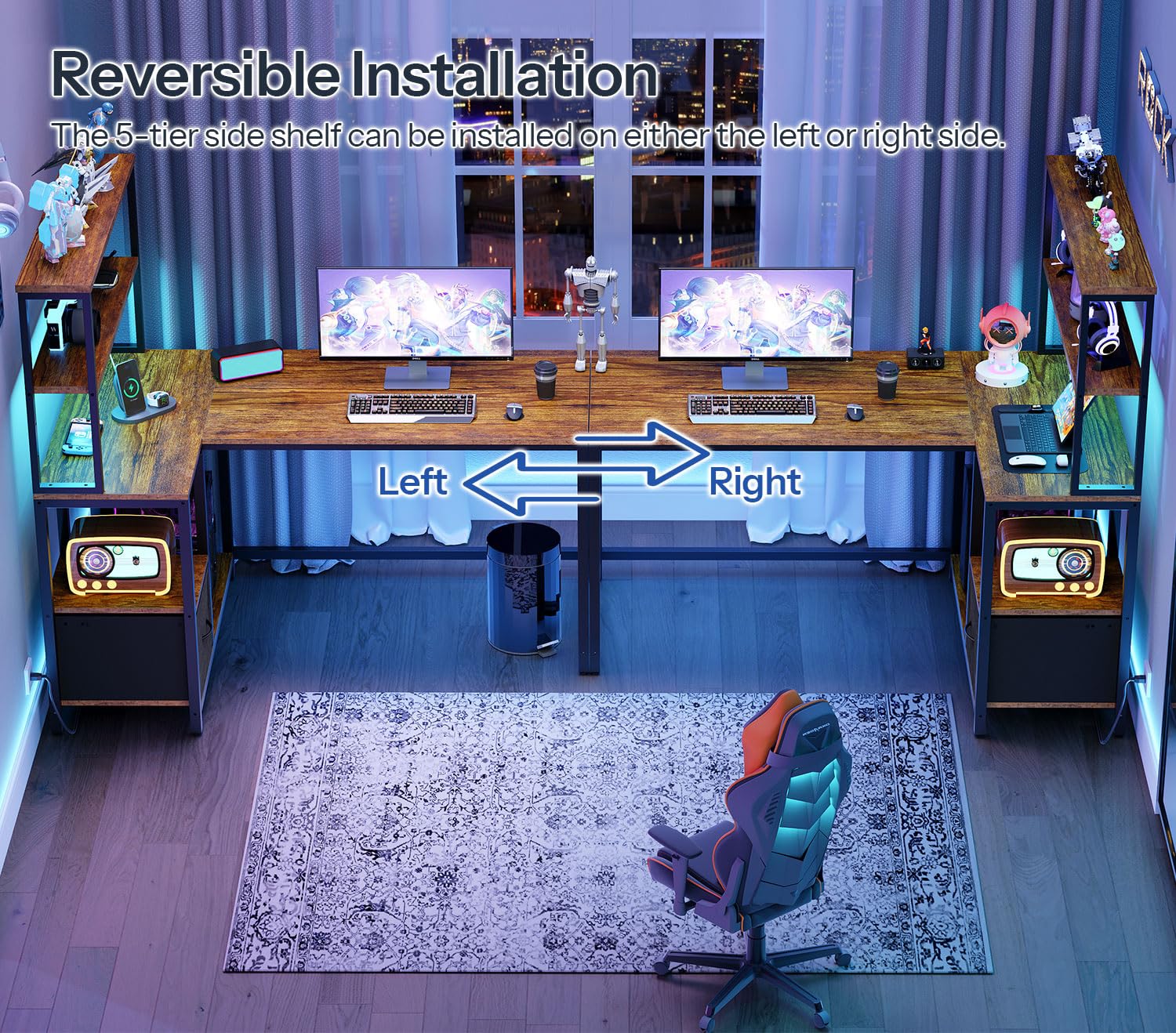 L-Shaped Desk with 4 Drawers, LED Lights & Power Outlet, 47 Inch