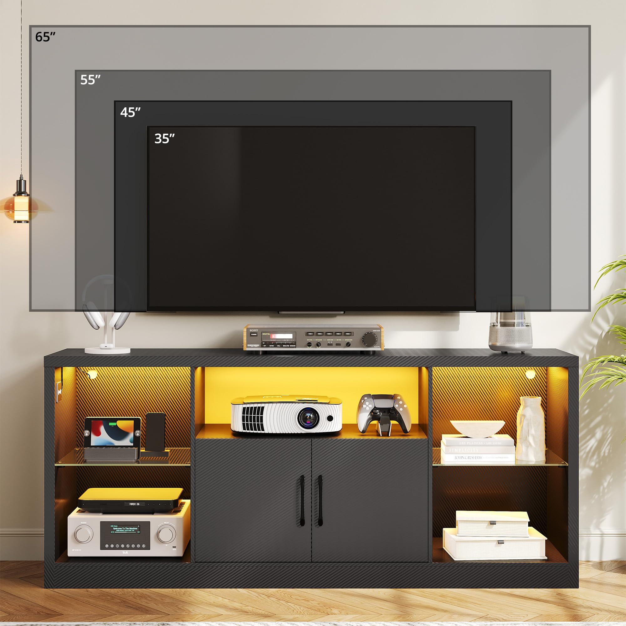 IRONCK TV Stand for TVs 65 inch with Power Outlet and LED Lights, Carbon Fiber Entertainment Center with Storage Cabinets, Adjustable Glass Shelves, Modern TV Stands for Living Room, Black