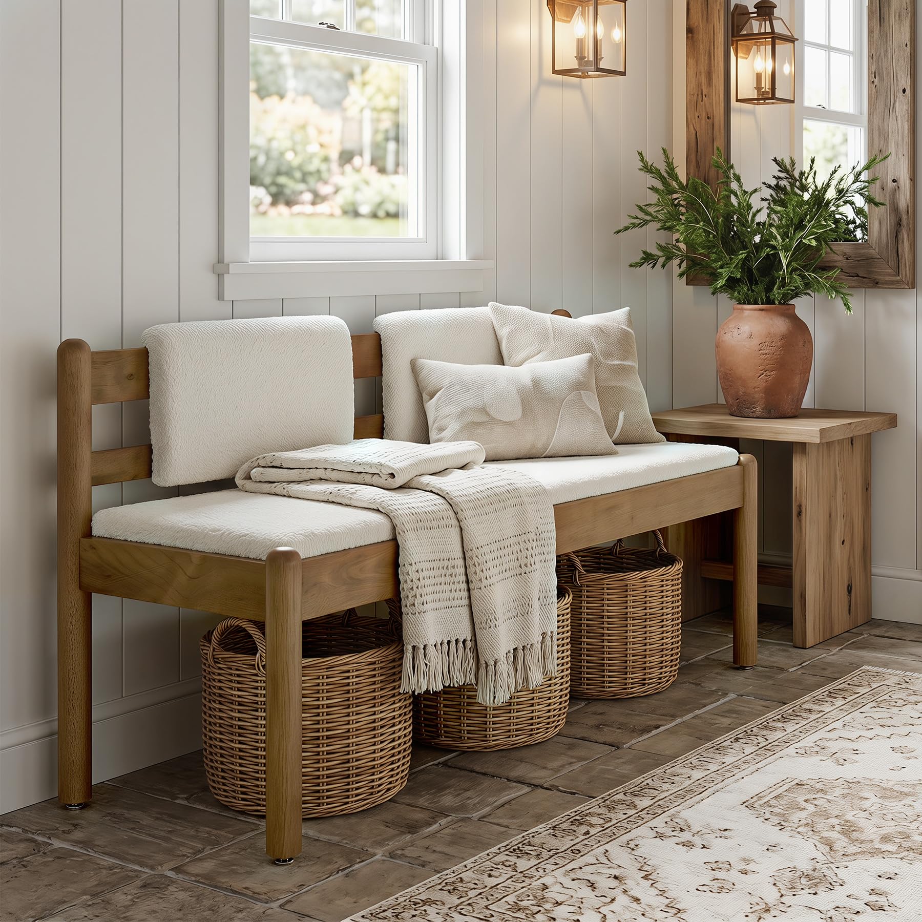 LITTLE TREE Solid Wood Entryway Bench, 49" Dining Bench with Back, Wood Settee Bench with Upholstered Seat, Farmhouse Bedroom Bench for End of Bed, Dining Room, Mudroom, Entryway, White + Walnut Brown