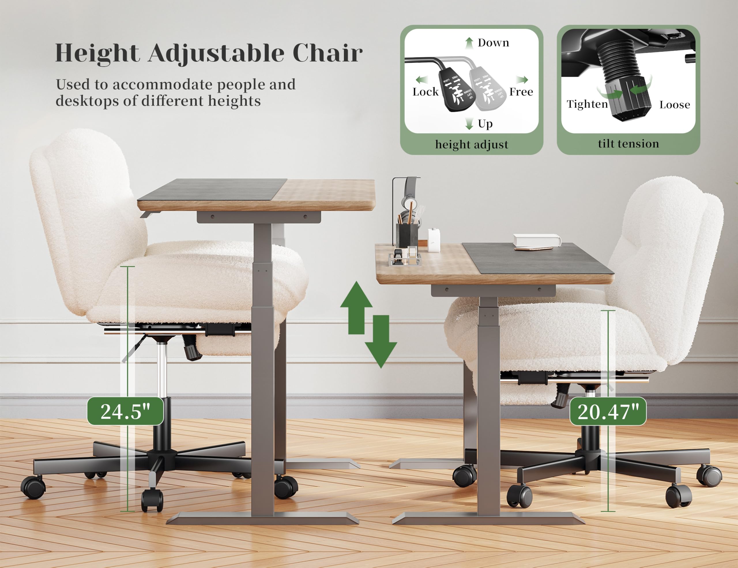 DurayLoly Cross Legged Office Chair with Foot Rest, 6.3" Thick Cushioned Criss Cross Chair with Wheels, Height Adjustable Swivel Vanity Chair for All-Day Comfort (White)